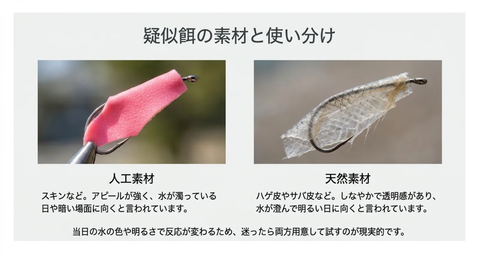 スキンなどの人工素材とハゲ皮などの天然素材を水色と光量で使い分ける説明のスライド