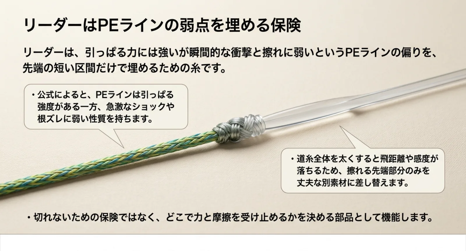 PEラインの先端に別素材のリーダーを結ぶ理由を図で示したスライド