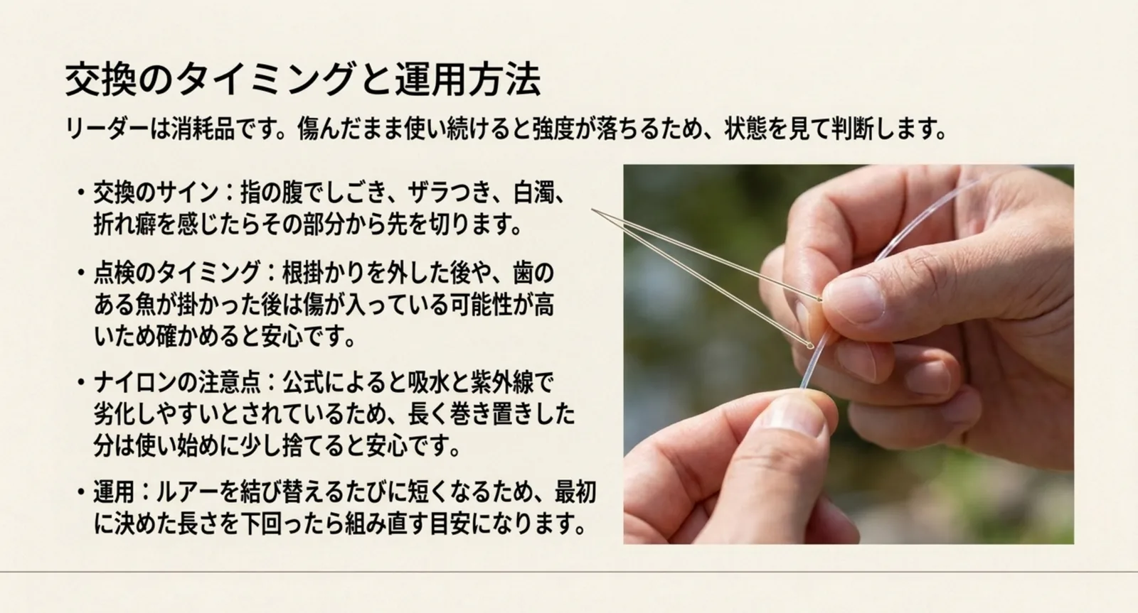 指でしごいて傷を確かめるなどリーダーの交換の目安をまとめたスライド