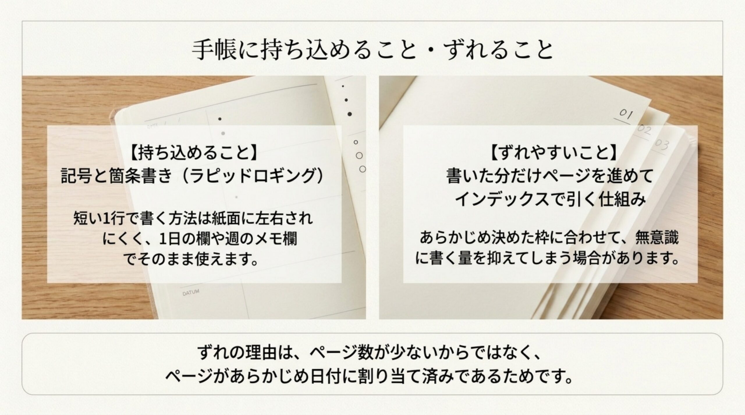 記号と箇条書きは日付入りの手帳にも持ち込め、書いた分だけページを進めてインデックスで引く仕組みはずれやすく、その理由はページ数ではなくページが日付に割り当て済みであることを示したスライド