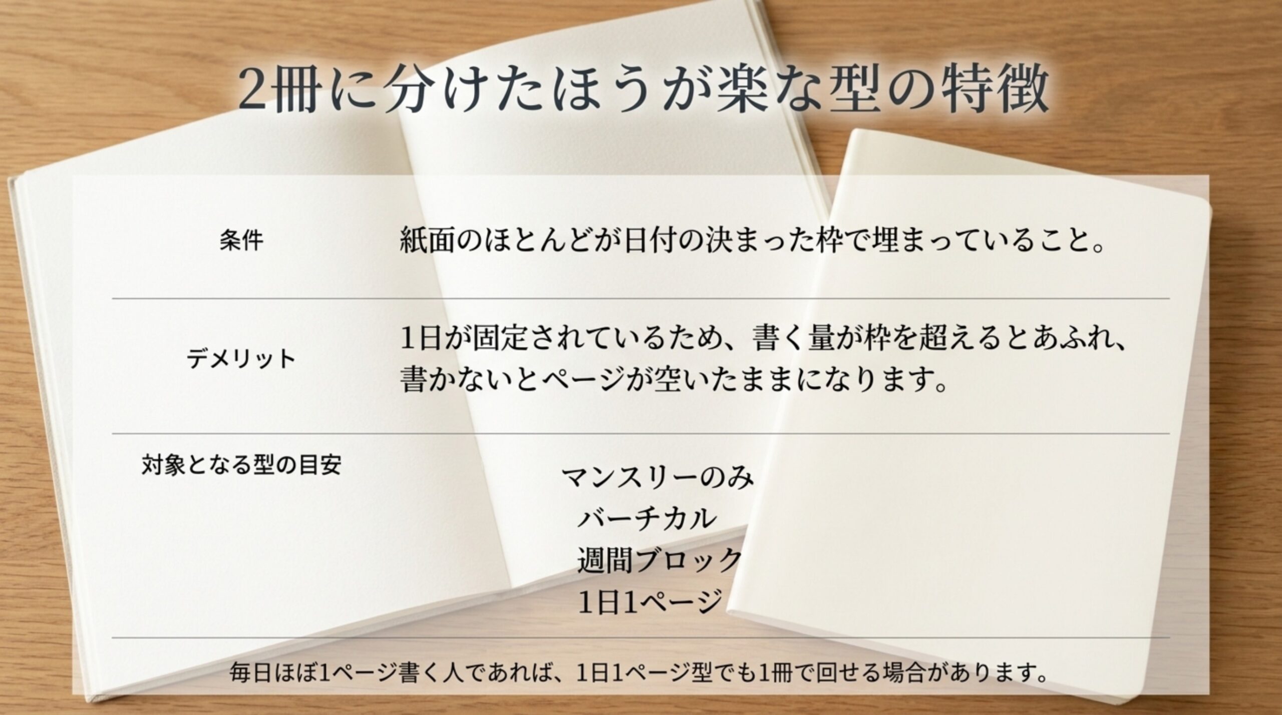 紙面のほとんどが日付の枠で埋まっている型は書く量が枠を超えるとあふれ、書かないとページが空くことと、マンスリーのみ・バーチカル・週間ブロック・1日1ページが目安であることを示したスライド
