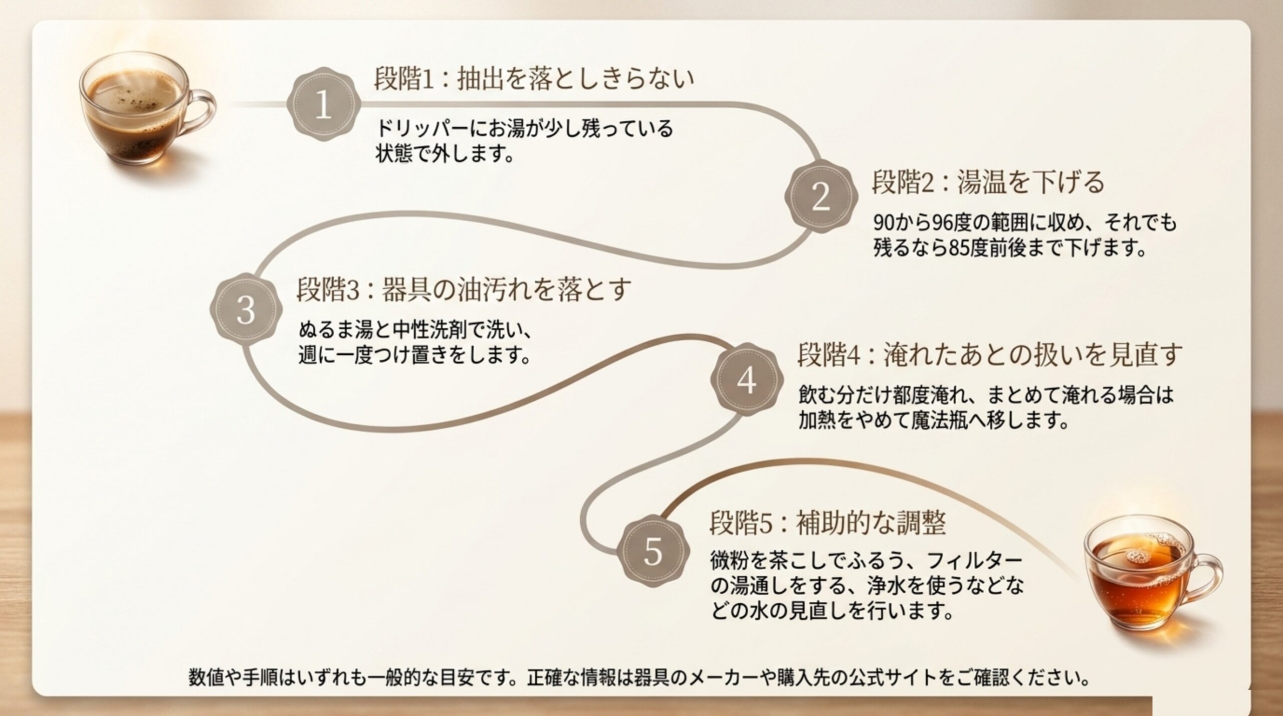 抽出を落としきらない、湯温を下げる、器具の油汚れを落とす、淹れたあとの扱いを見直す、微粉や水の補助的な調整という5段階を順に並べたスライド