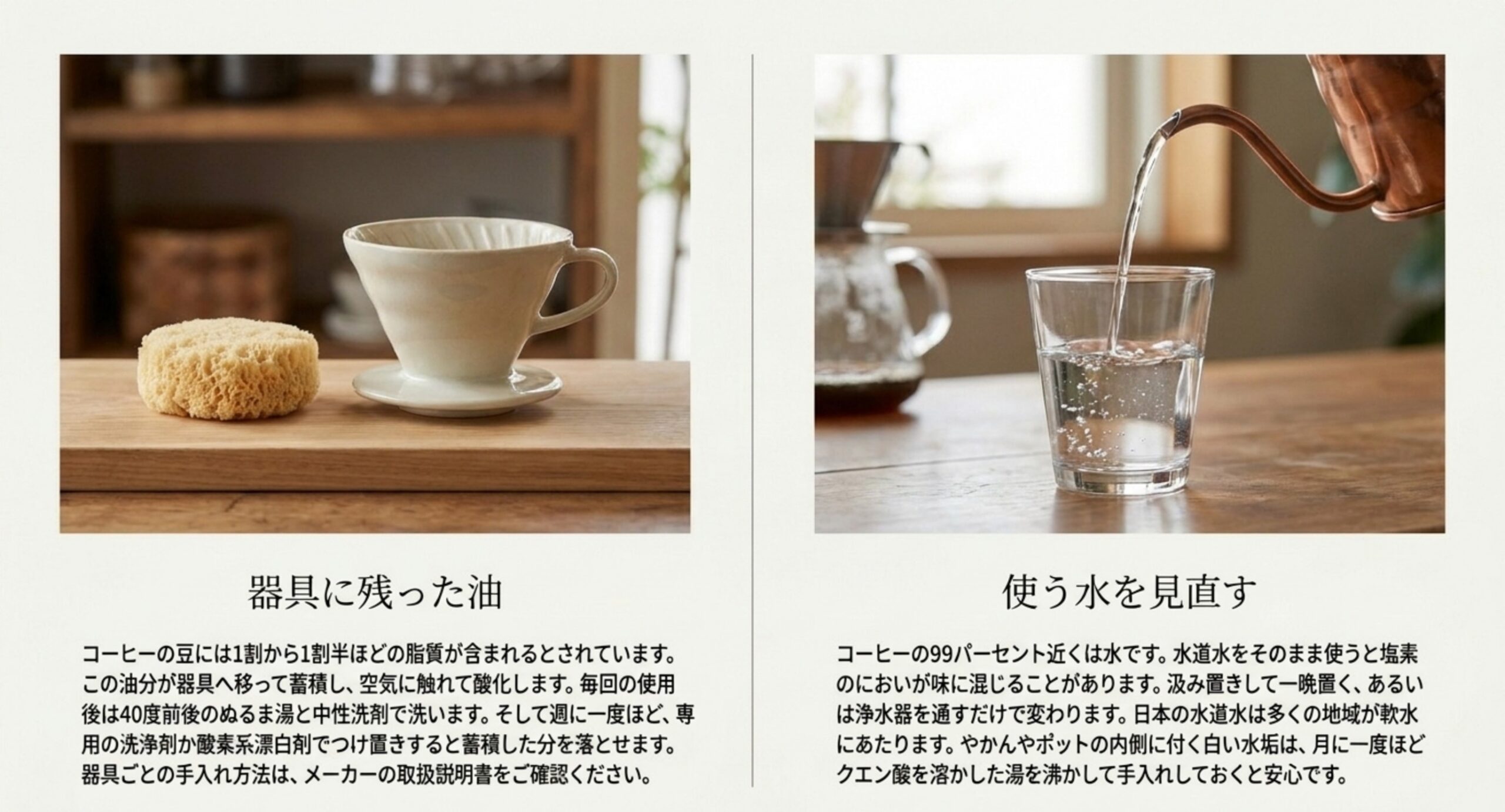 コーヒー豆の脂質が器具に蓄積して酸化することと、水道水の塩素や水垢の手入れについて、ドリッパーと水の写真とともにまとめたスライド