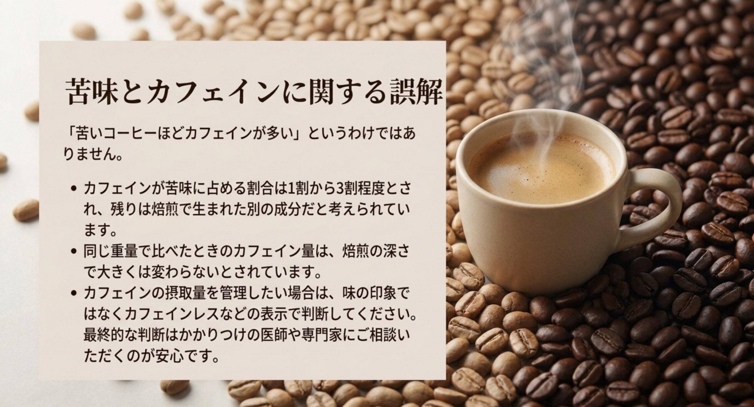 カフェインが苦味に占める割合は1割から3割程度で、同じ重量なら焙煎の深さでカフェイン量は大きく変わらないことを、浅煎りと深煎りの豆の写真とともに説明したスライド