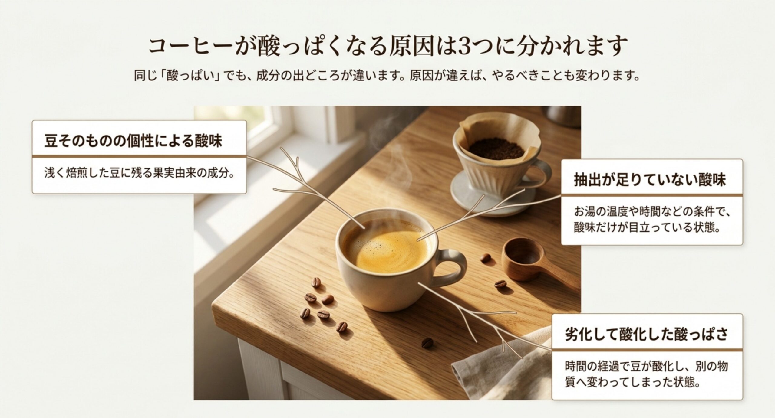 豆の個性による酸味、抽出が足りていない酸味、劣化して酸化した酸っぱさという3つの原因を、コーヒーとドリッパーの写真に引き出し線で示したスライド