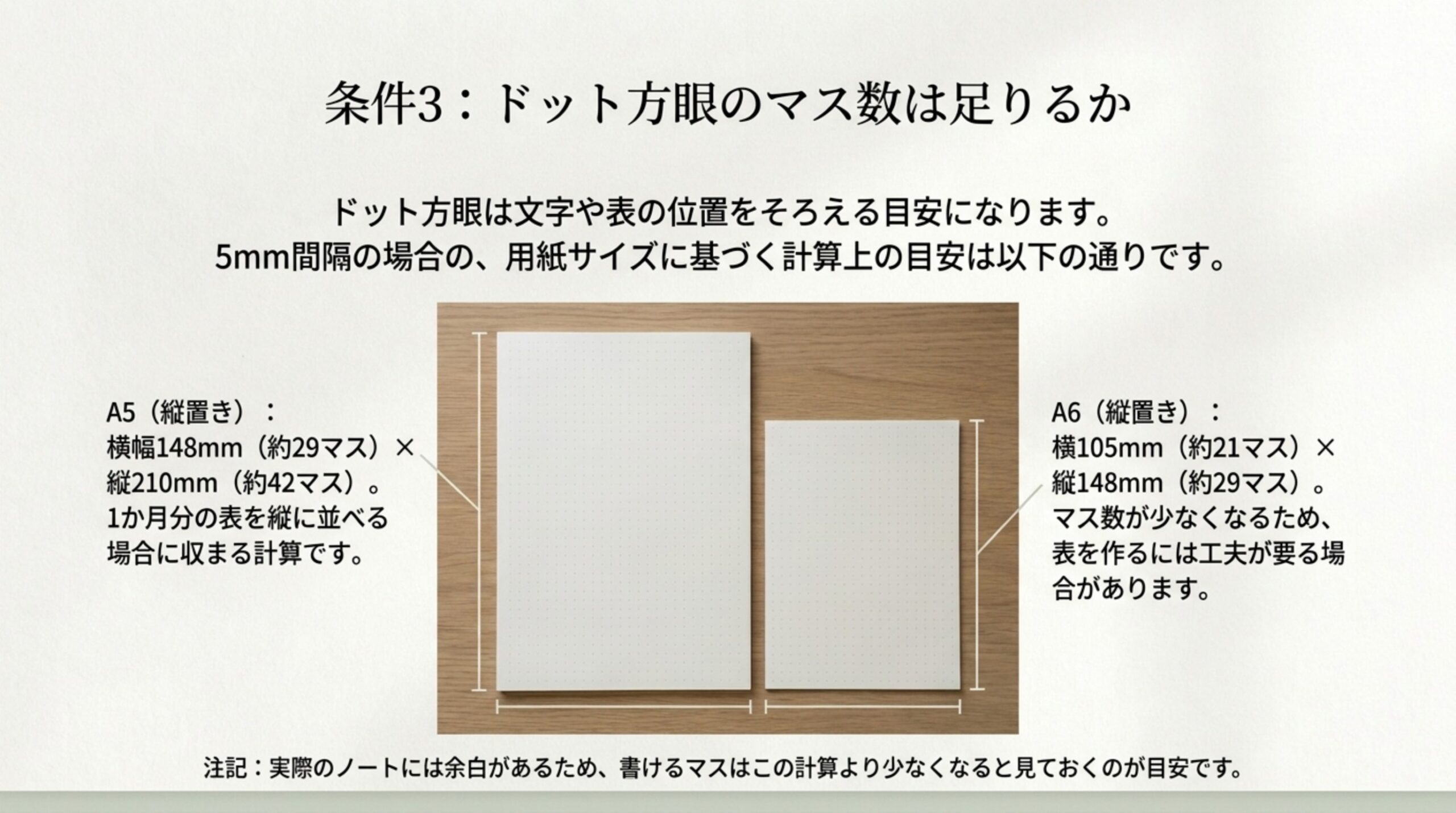 5mm間隔のドット方眼で、縦置きA5は横約29マス・縦約42マス、A6は横約21マス・縦約29マスになる計算上の目安を示したスライド
