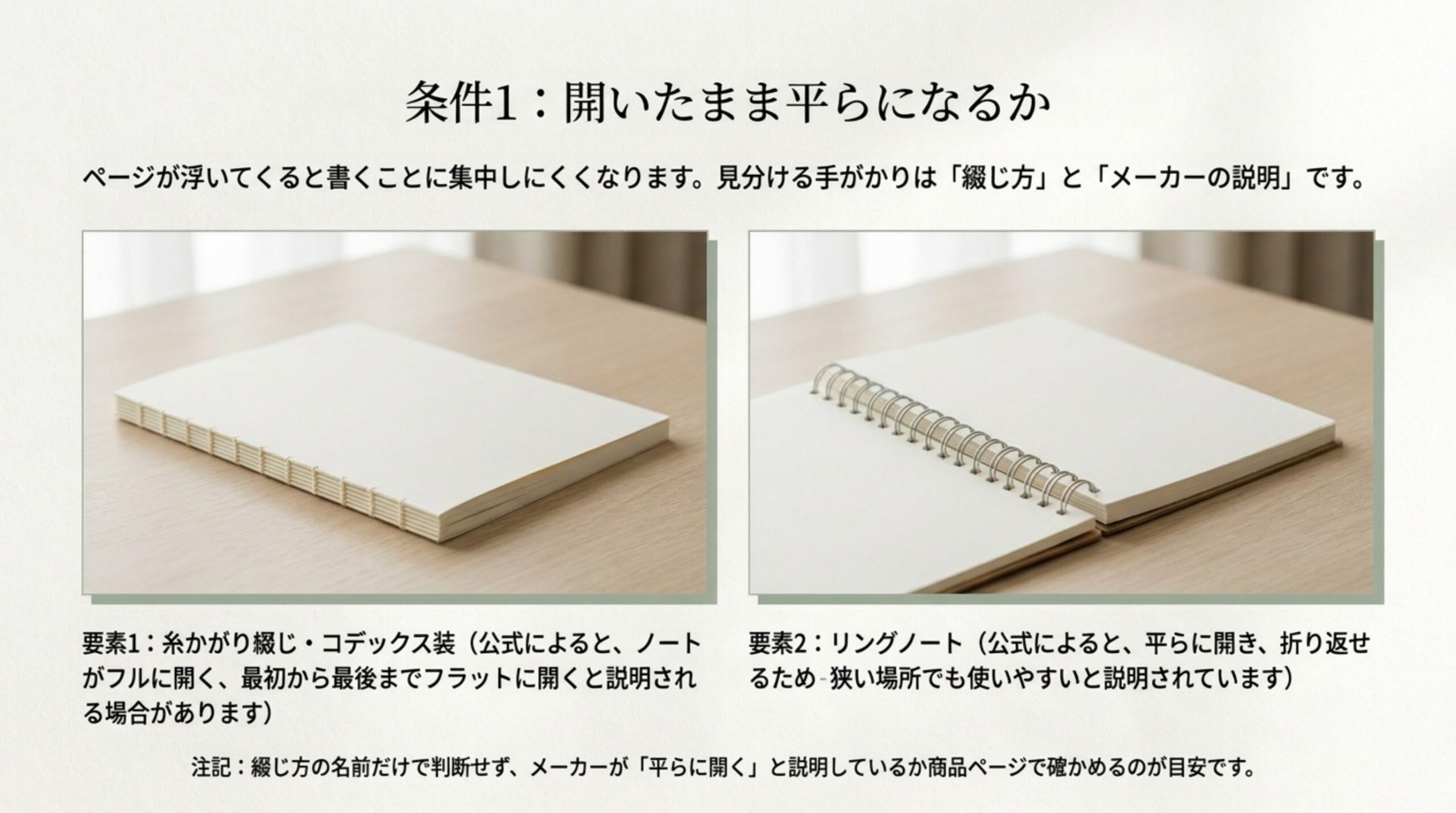 糸かがり綴じやコデックス装、リングノートなど、開いたまま平らになる綴じ方の見分け方をまとめたスライド