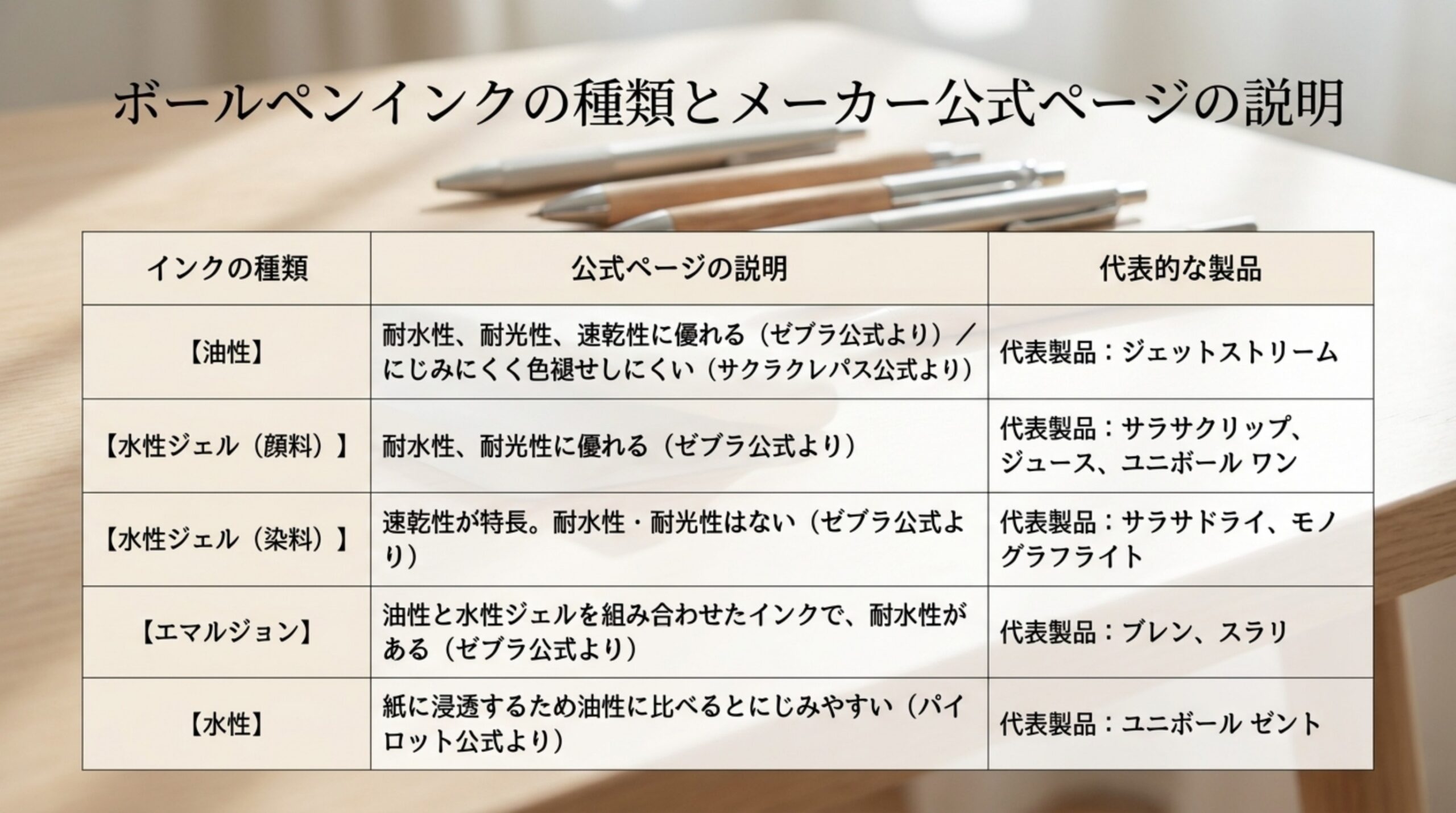 油性、水性ジェルの顔料と染料、エマルジョン、水性の5種類について、メーカー公式ページの説明と代表的な製品を並べた表のスライド