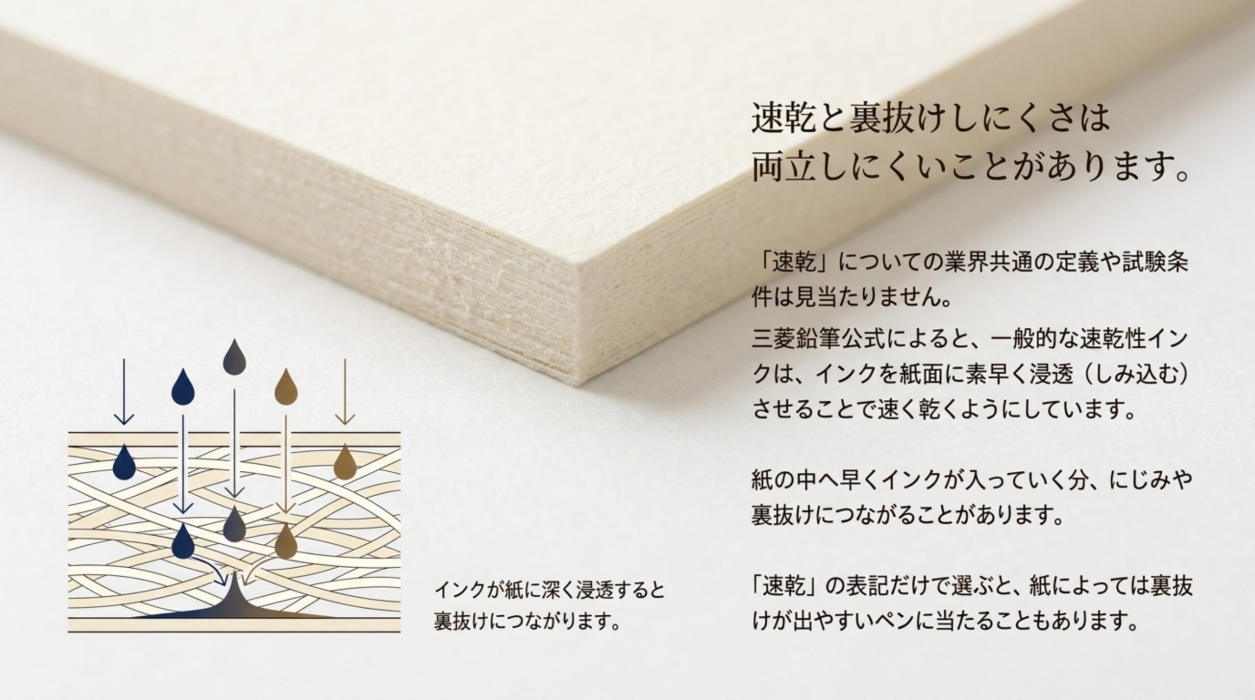 一般的な速乾インクは紙に素早くしみ込ませて乾かすため、にじみや裏抜けにつながることがあるという説明を図で示したスライド