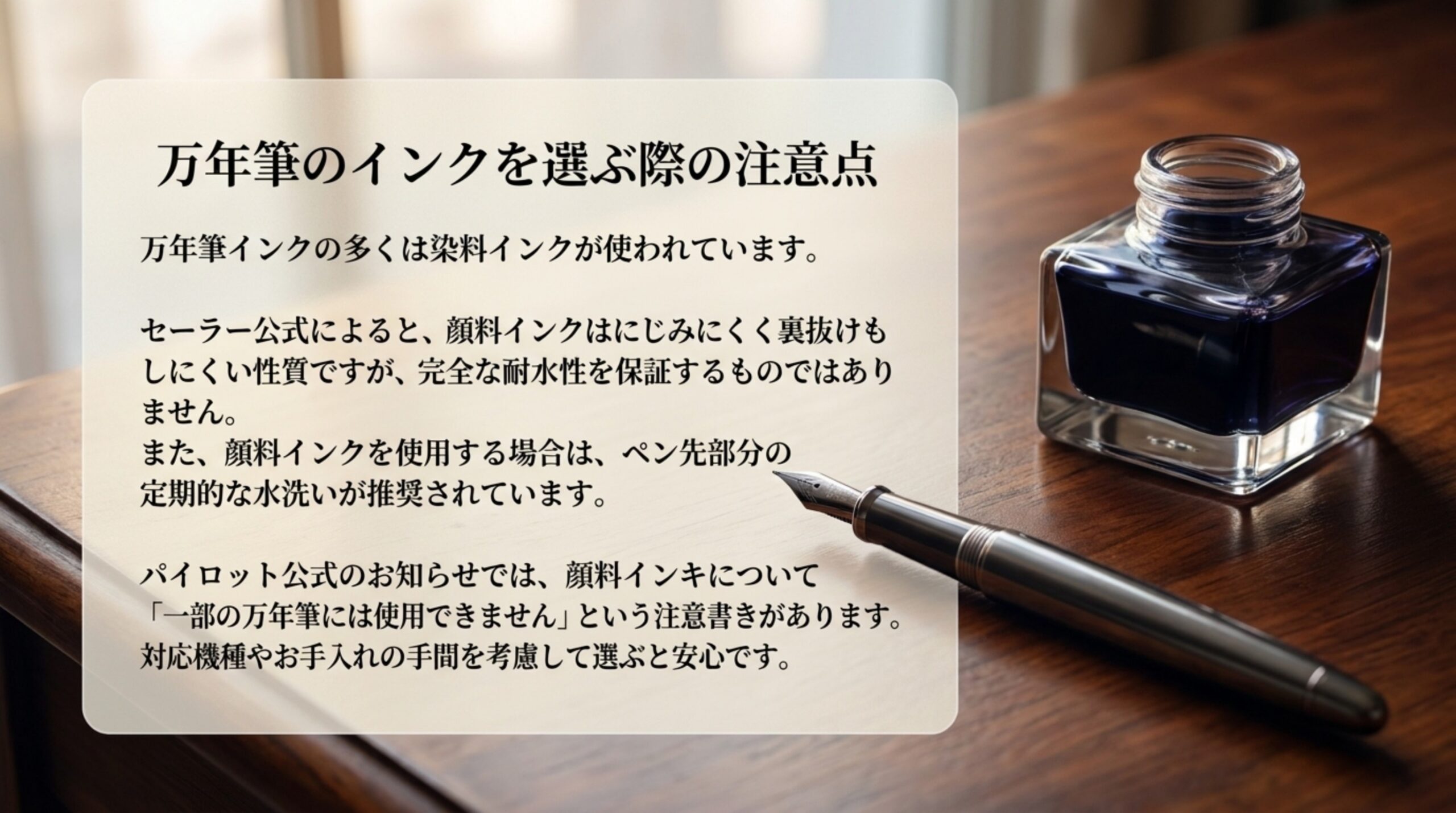 万年筆インクの多くは染料で、顔料インクは完全な耐水性を保証せず定期的な水洗いが勧められ、一部の万年筆には使えないことを示したスライド