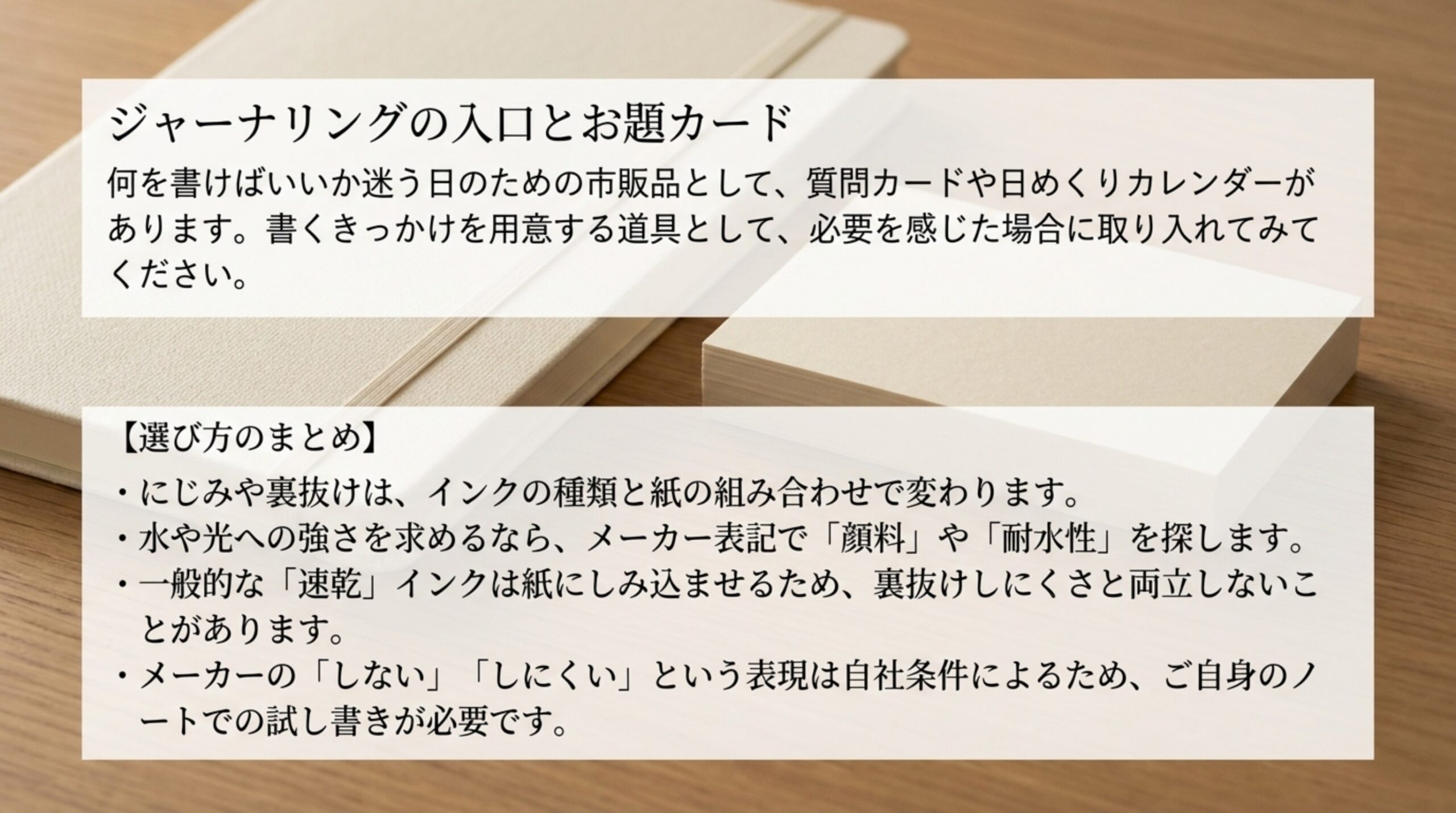 質問カードや日めくりを書くきっかけの道具として紹介し、にじみや裏抜けはインクと紙の組み合わせで変わるので試し書きで確かめることをまとめたスライド