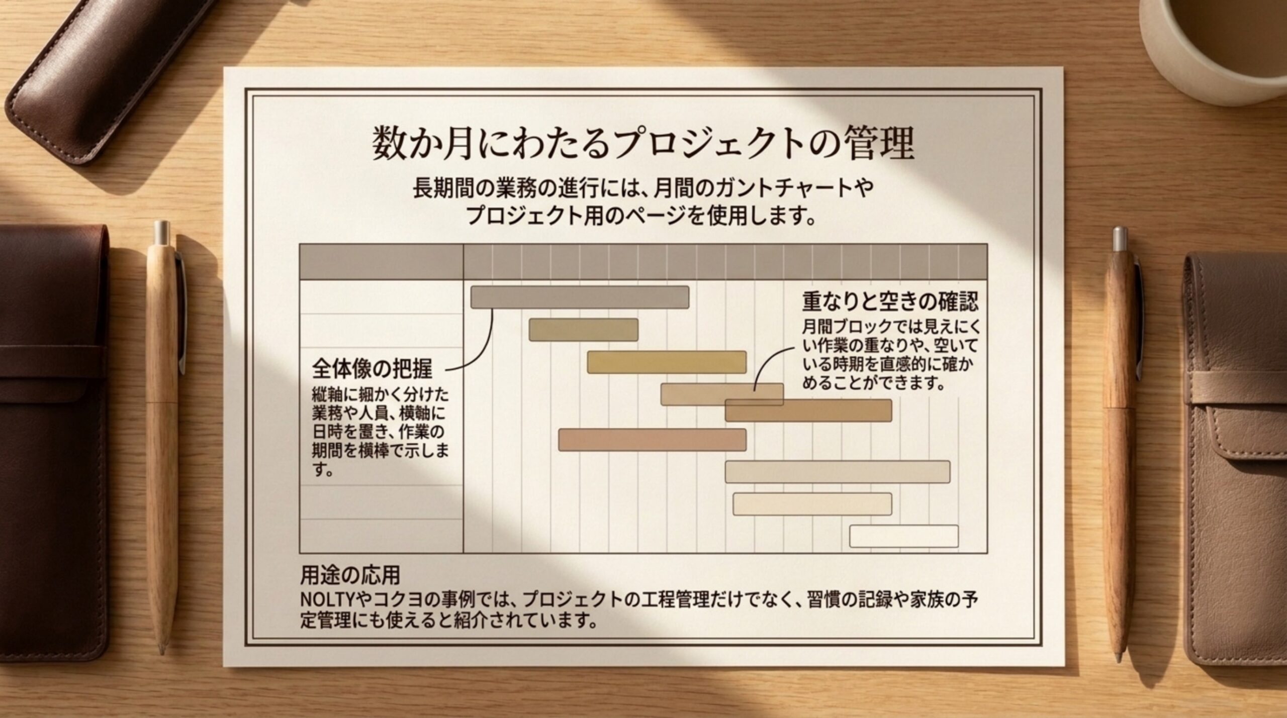 縦軸に業務、横軸に日時を置いて作業の期間を横棒で示すガントチャートの図で、作業の重なりや空きの確かめ方を説明したスライド