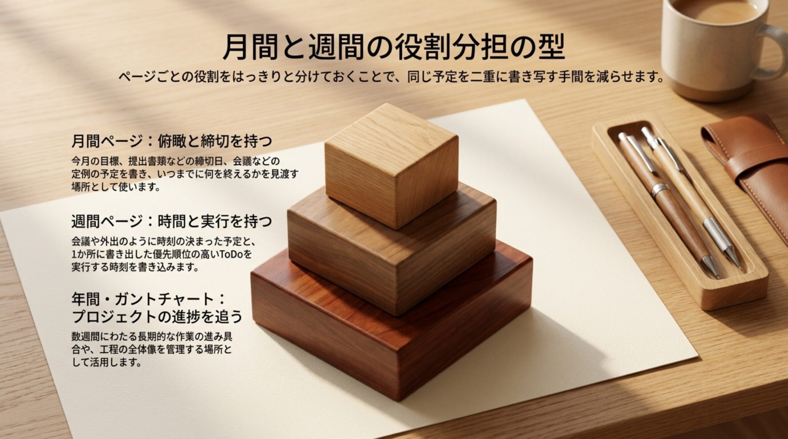 月間ページは締切と定例の予定、週間ページは時刻と実行予定、年間やガントチャートはプロジェクトの進み具合という役割分担をまとめたスライド