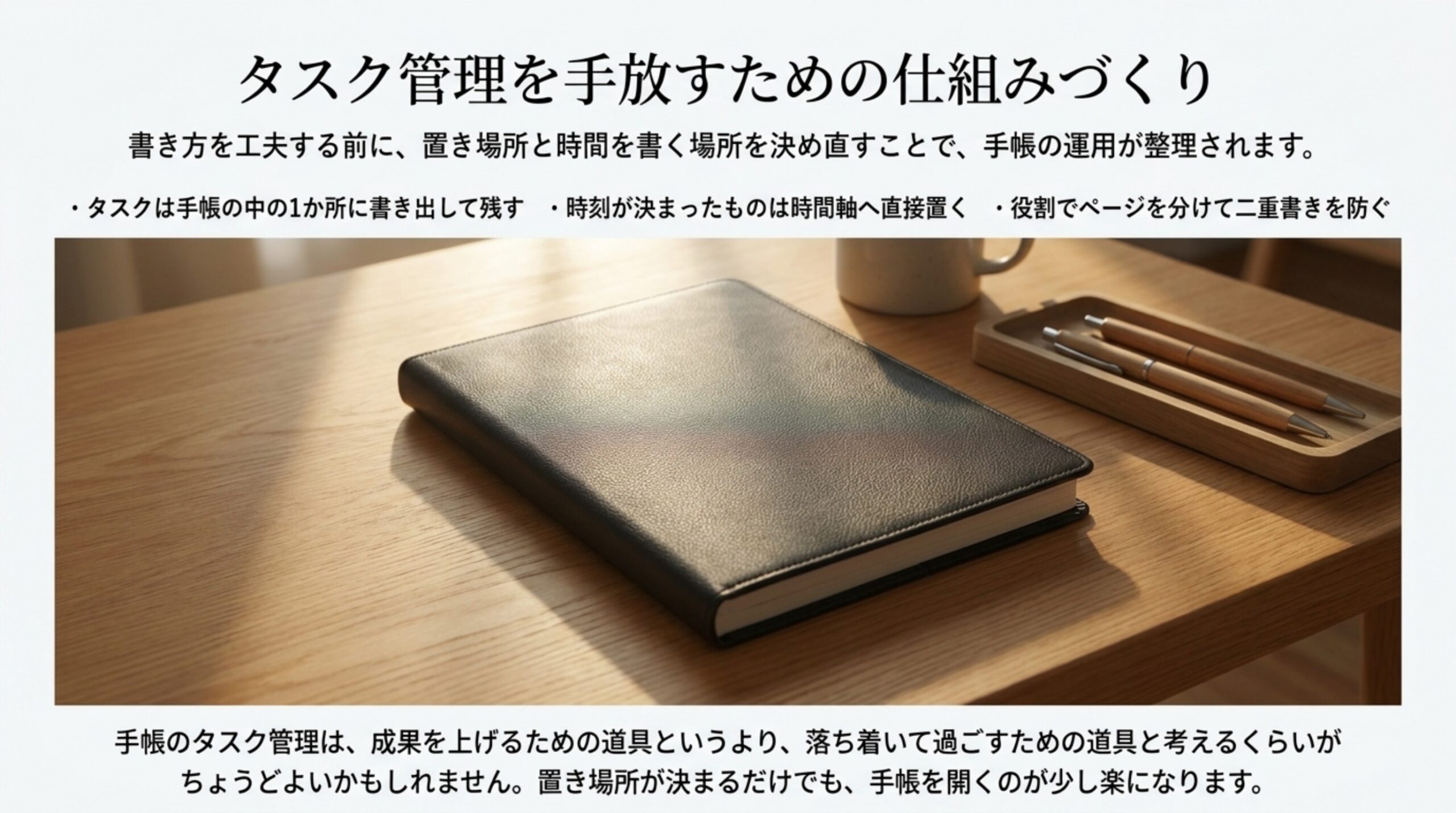 タスクは1か所に書き出し、時刻の決まったものは時間軸へ置き、ページを役割で分けるという3つの要点をまとめたスライド