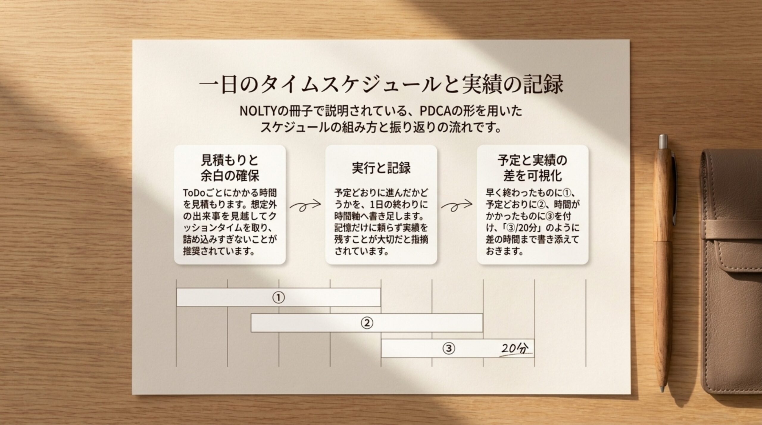 時間の見積もりとクッションタイム、1日の終わりの実績の書き足し、予定との差を丸数字と分数で書き添える流れを示したスライド
