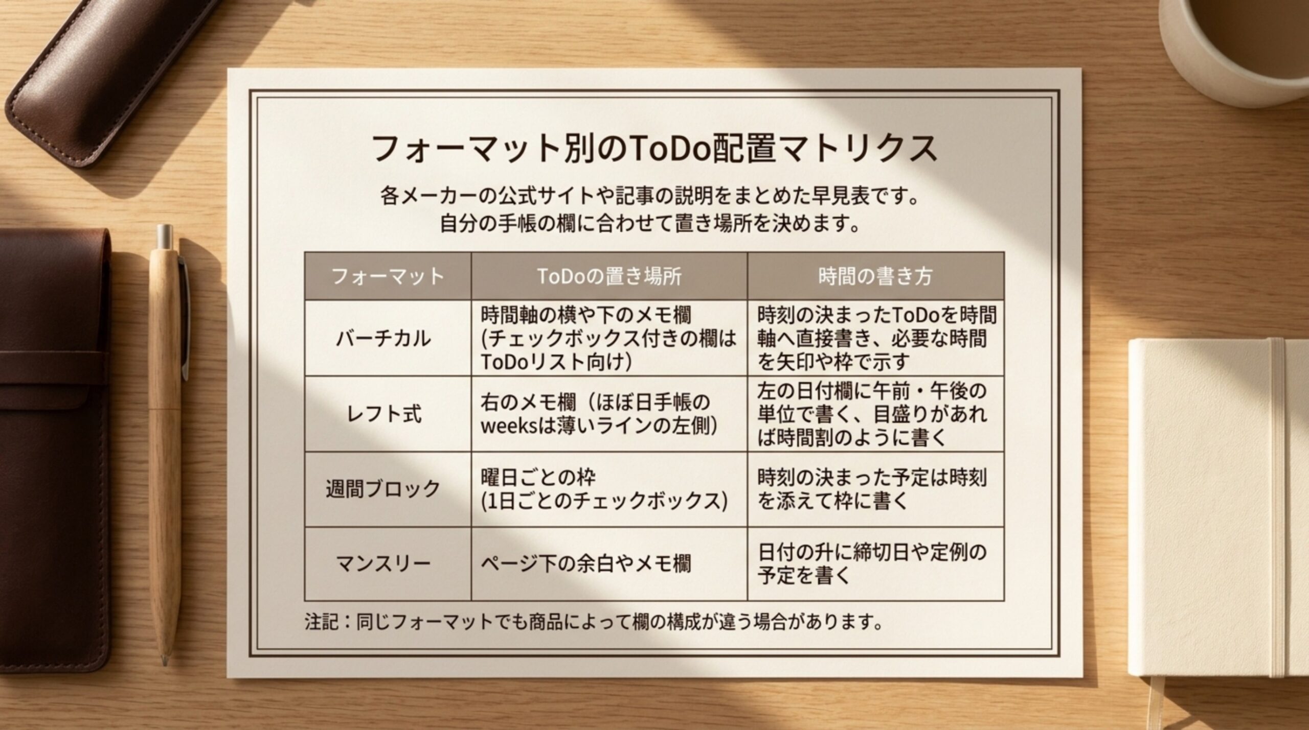 バーチカル・レフト式・週間ブロック・マンスリーの4つのフォーマットごとに、ToDoの置き場所と時間の書き方を比べた表のスライド