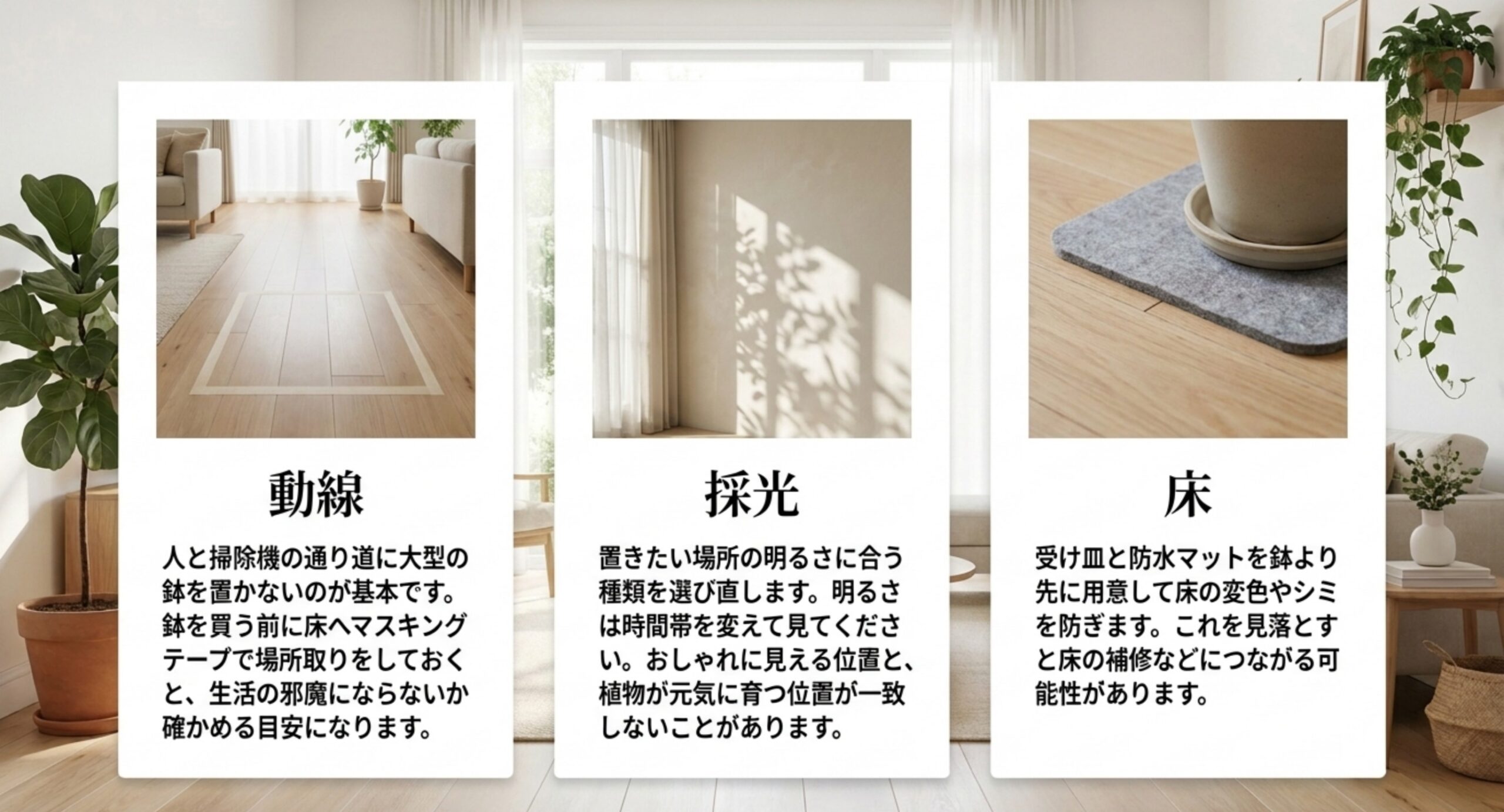 通り道をふさがない動線、明るさに合う種類を選ぶ採光、受け皿とマットで守る床という3つの条件を並べたスライド