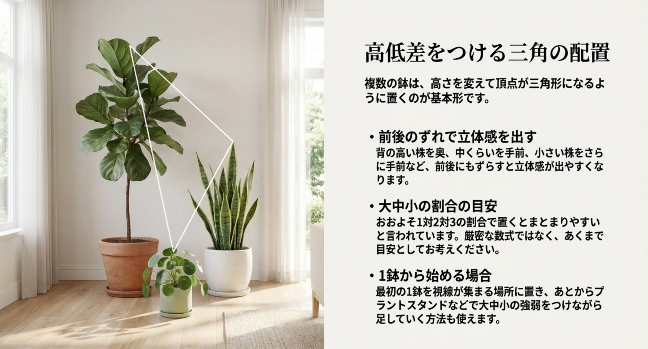 背の高い株を奥、中くらいを手前、小さい株をさらに手前に置いて三角形をつくる配置を図解したスライド