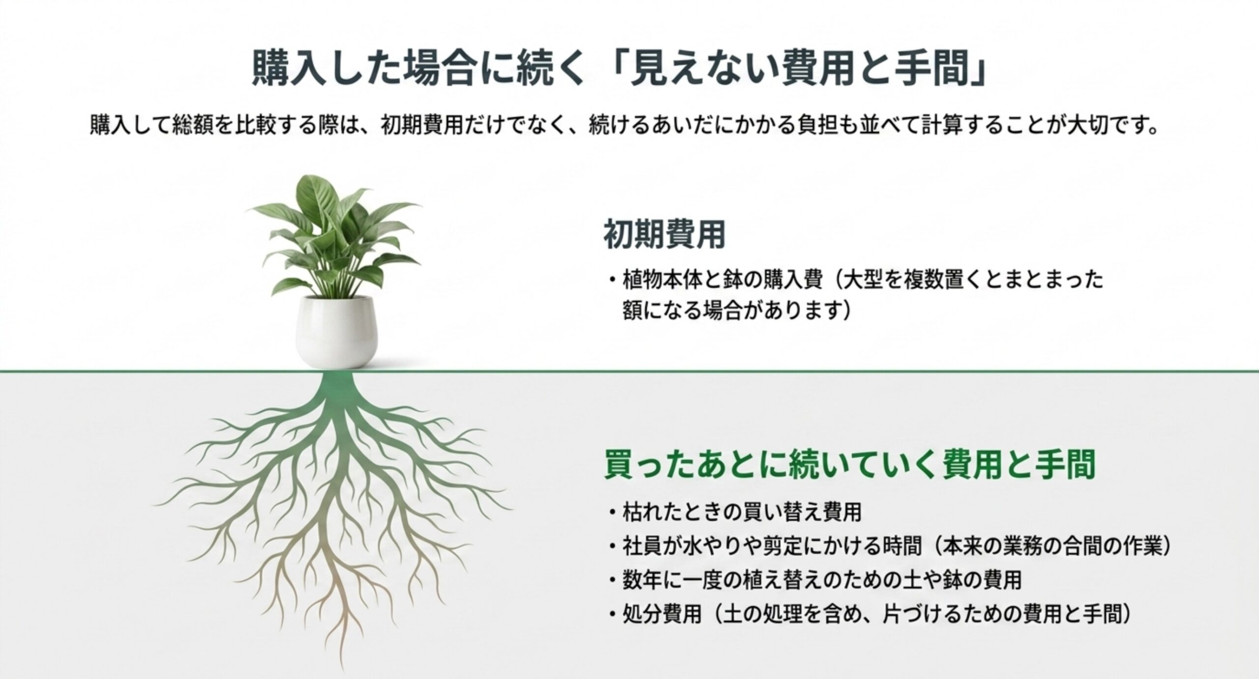 初期費用の下に、枯れたときの買い替えや水やりの時間、植え替えの土や鉢、処分費用が根のように続くことを示したスライド