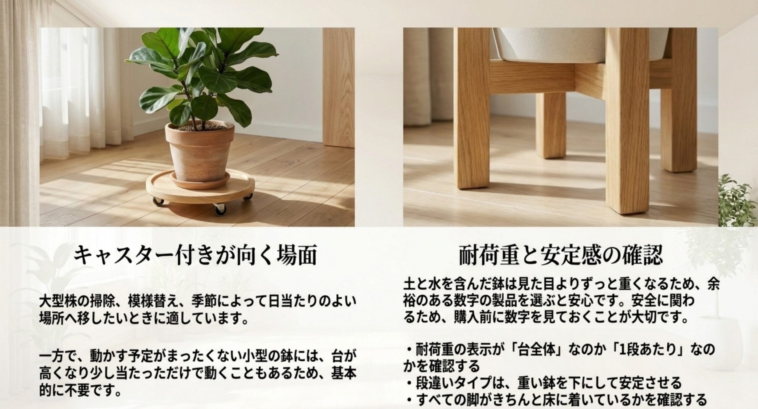 大型株の移動に向くキャスター付きの台と、耐荷重の表示や脚の接地を確認する要点を並べたスライド