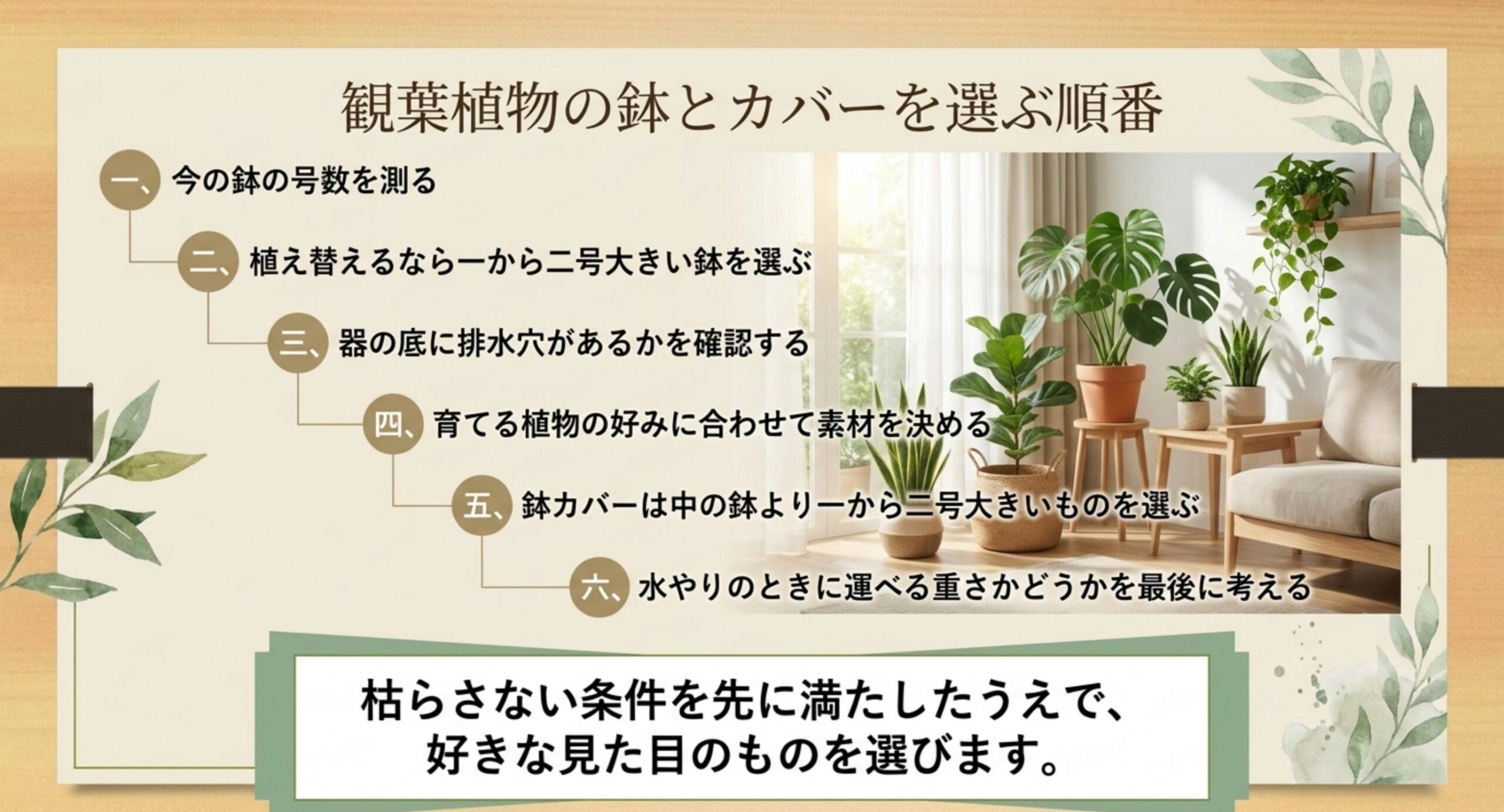 いまの鉢の号数を測る、1〜2号大きい鉢を選ぶ、排水穴を確認する、素材を決める、鉢カバーを合わせる、重さを考えるという順番を並べたまとめのスライド