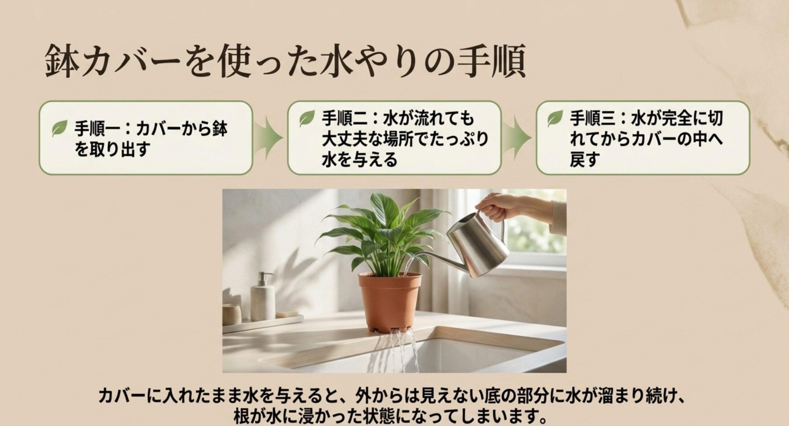 カバーから鉢を出す、水が流れてよい場所で与える、水が切れてから戻すという3手順を示したスライド