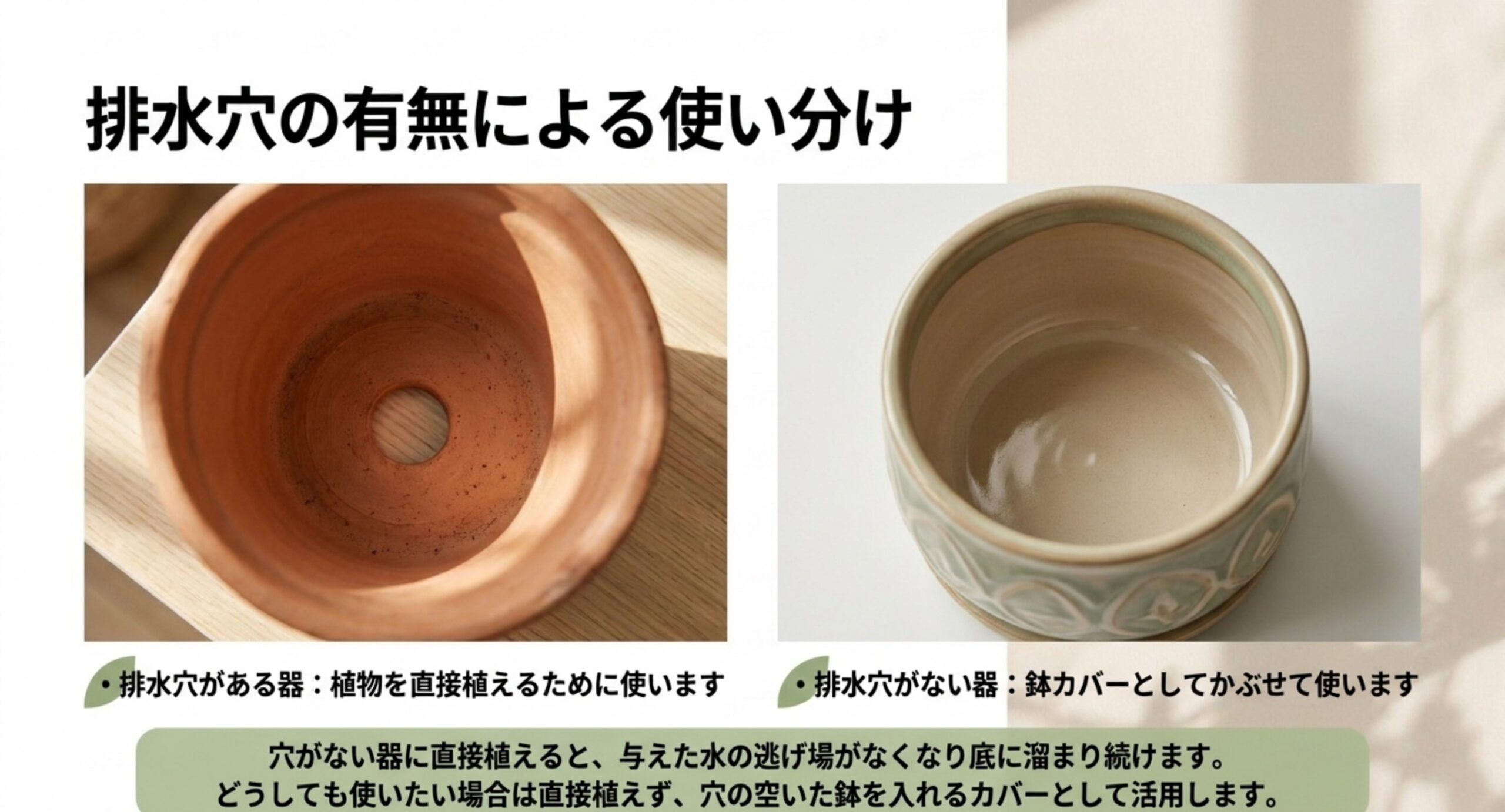 底に穴のあいた素焼き鉢と穴のない陶器の器を並べて、直接植えるかカバーとして使うかの違いを示したスライド