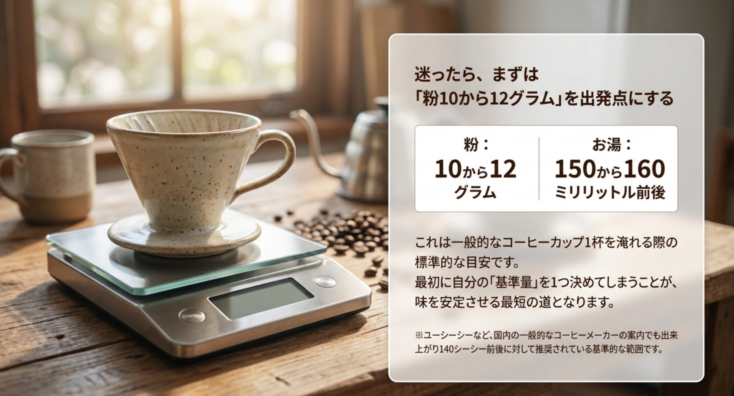 1杯あたり粉10gから12g、お湯150mlから160ml前後という基準を示した図
