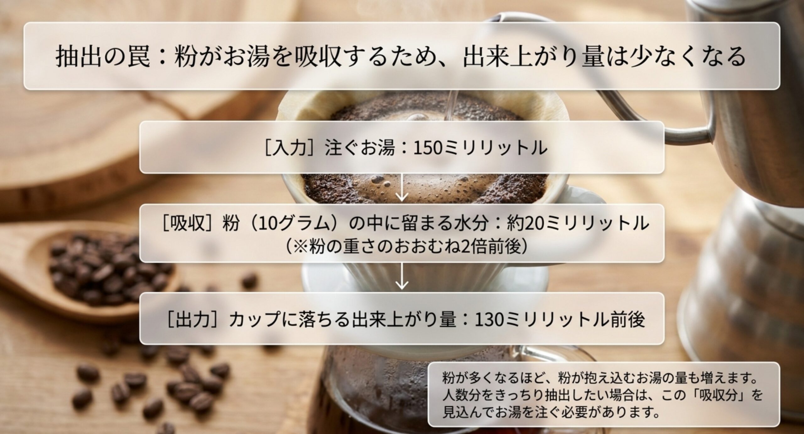 注いだお湯150mlから粉が吸う20mlを引いて出来上がりが130mlになる流れの図