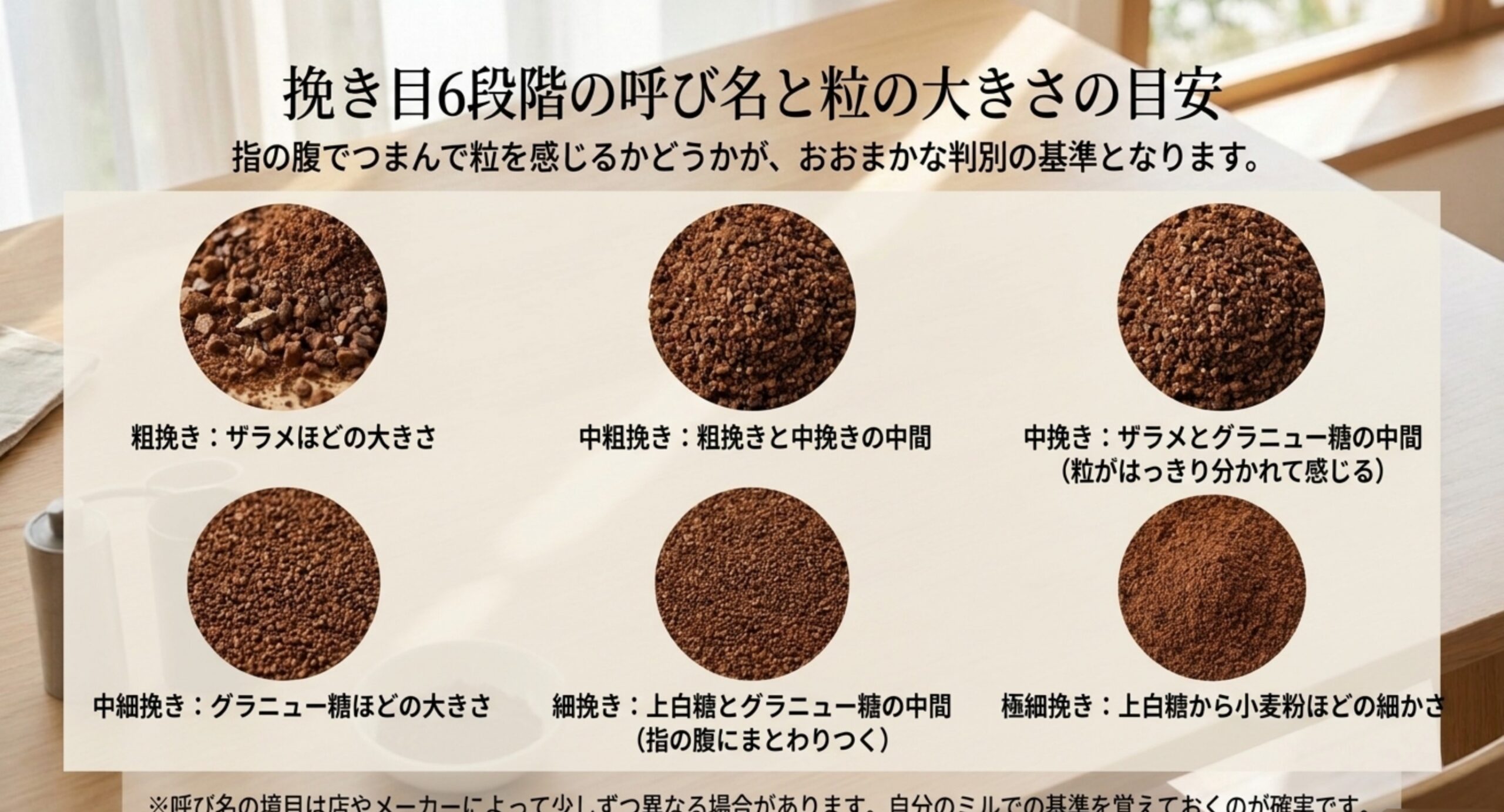 粗挽きから極細挽きまで6段階の粒の大きさを砂糖にたとえて並べた図
