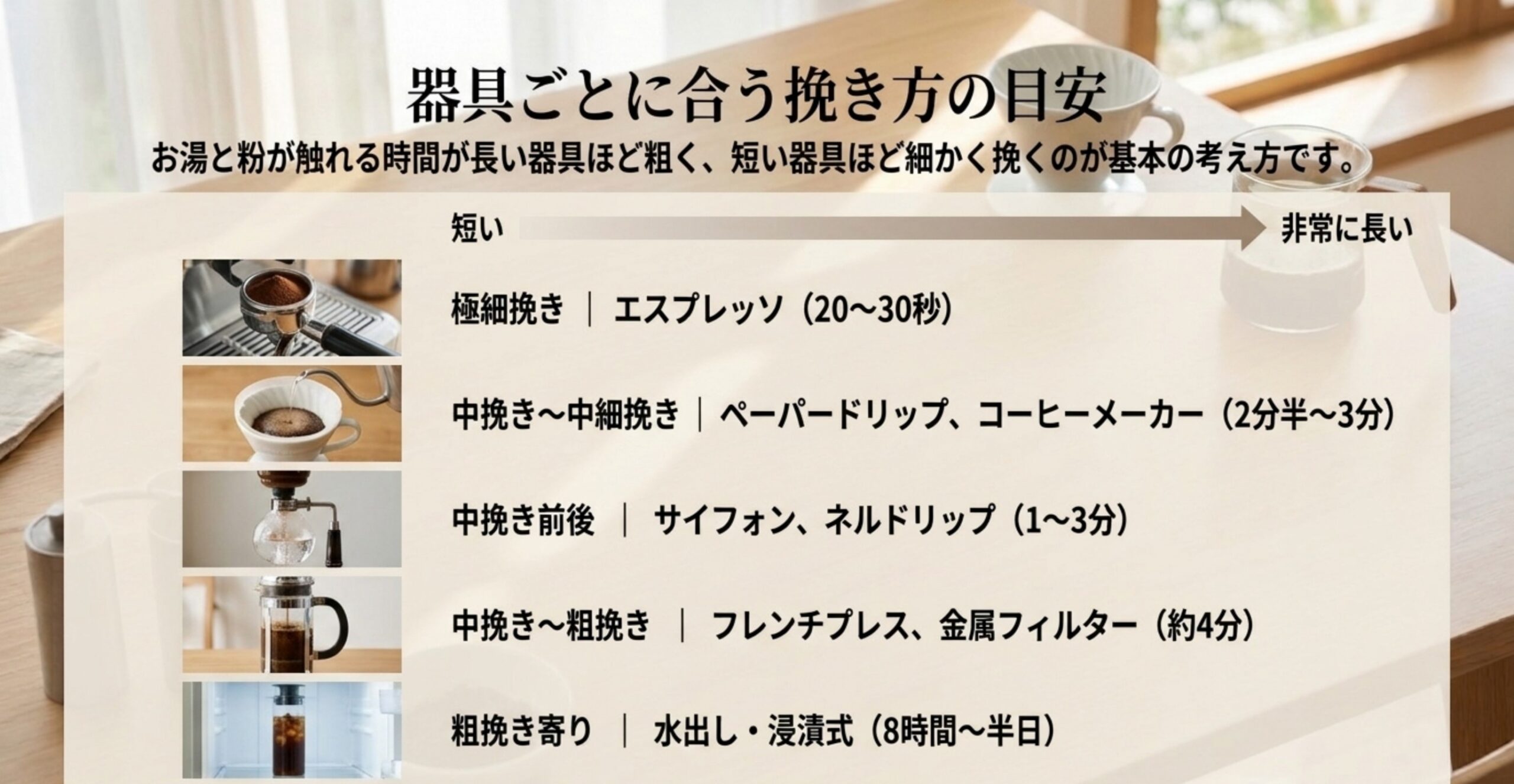 抽出時間が短い器具から長い器具の順に、合う挽き目を並べた図