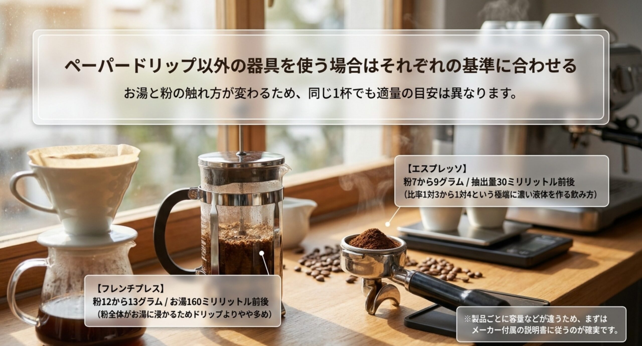 フレンチプレスとエスプレッソの粉量と抽出量を比べた図