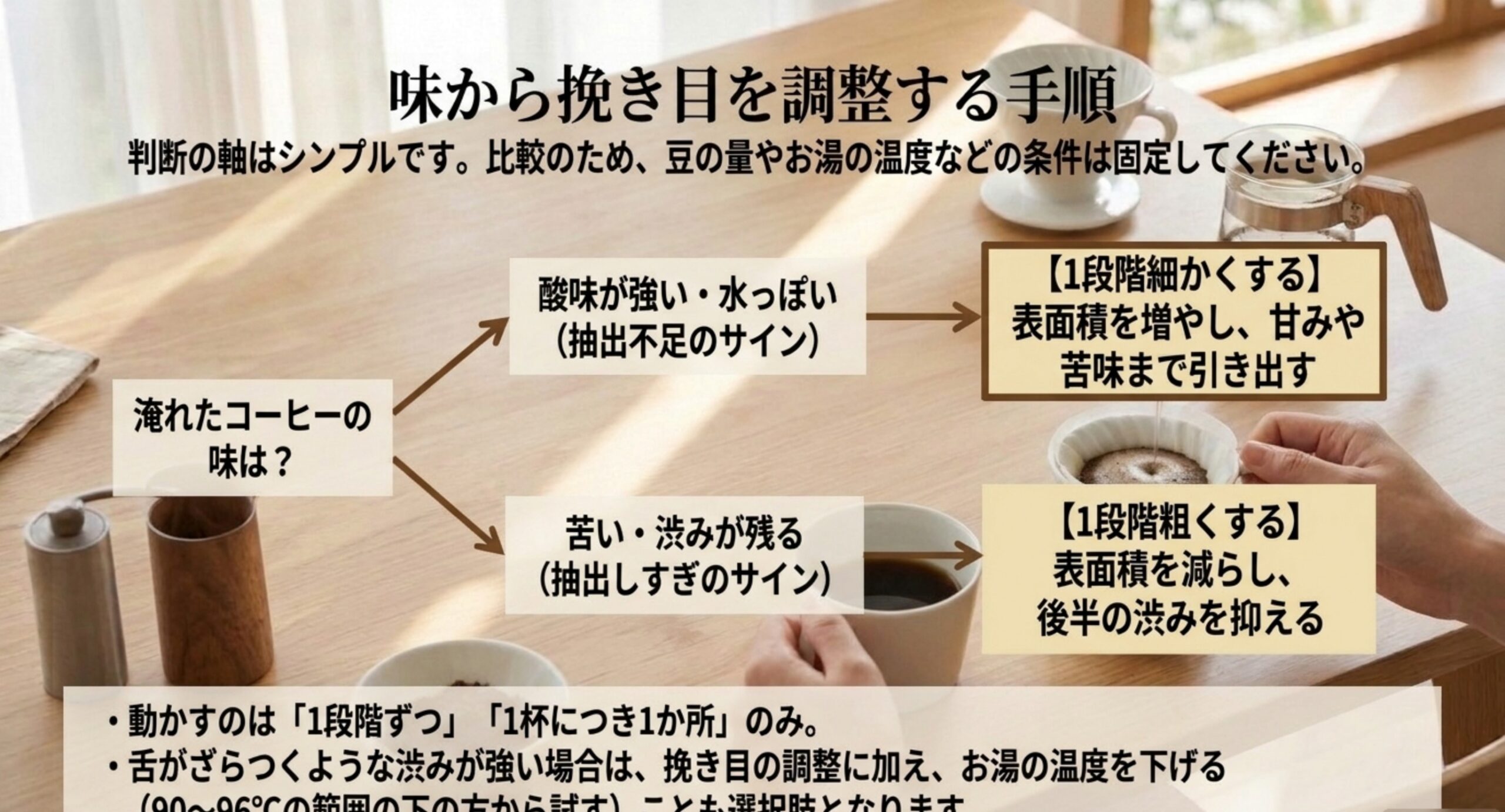 酸味が強いときは細かく、苦いときは粗くする調整の流れを示した図