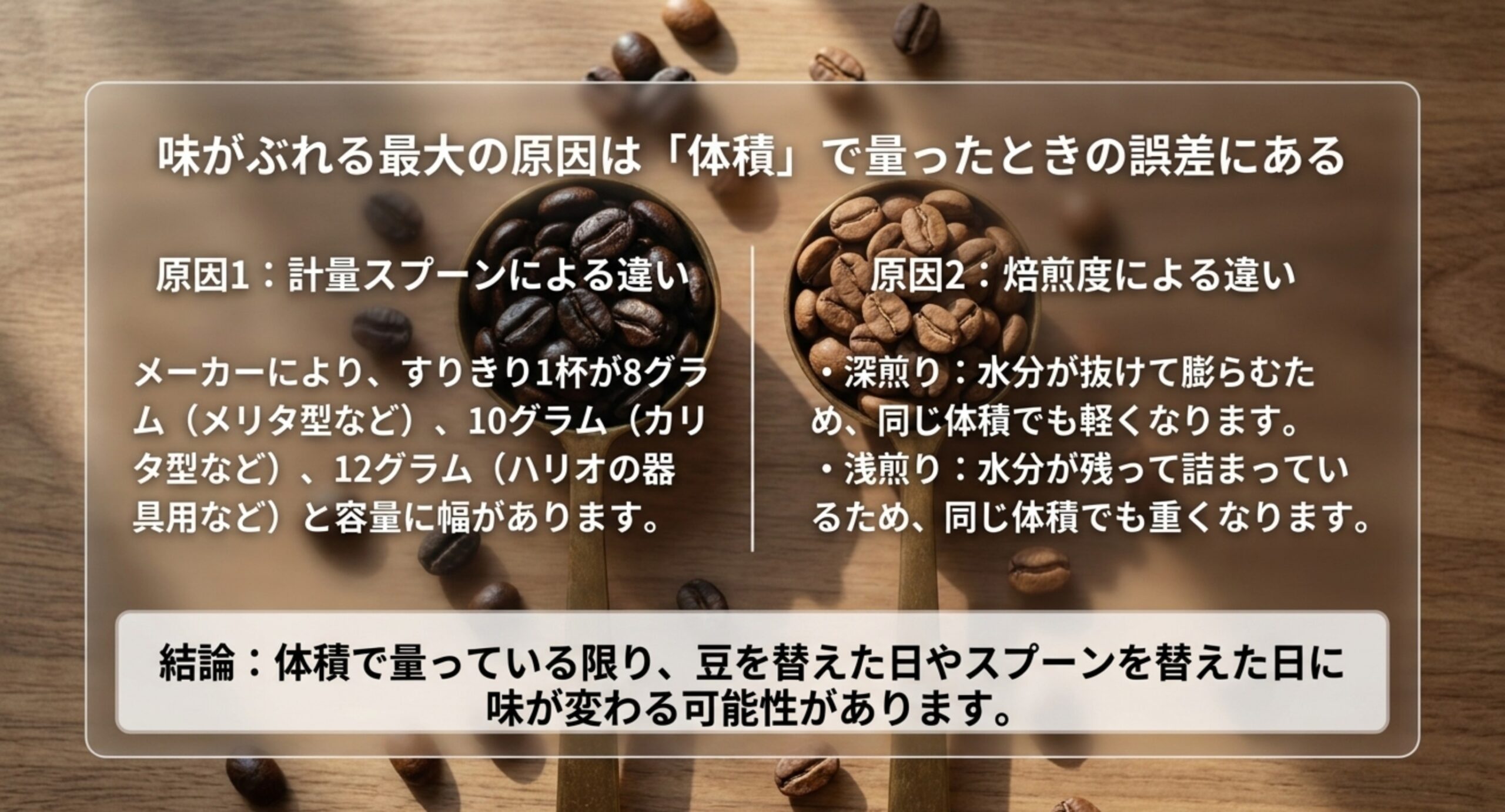 計量スプーンのメーカー差と焙煎度の違いが計量誤差を生む仕組みを示した図