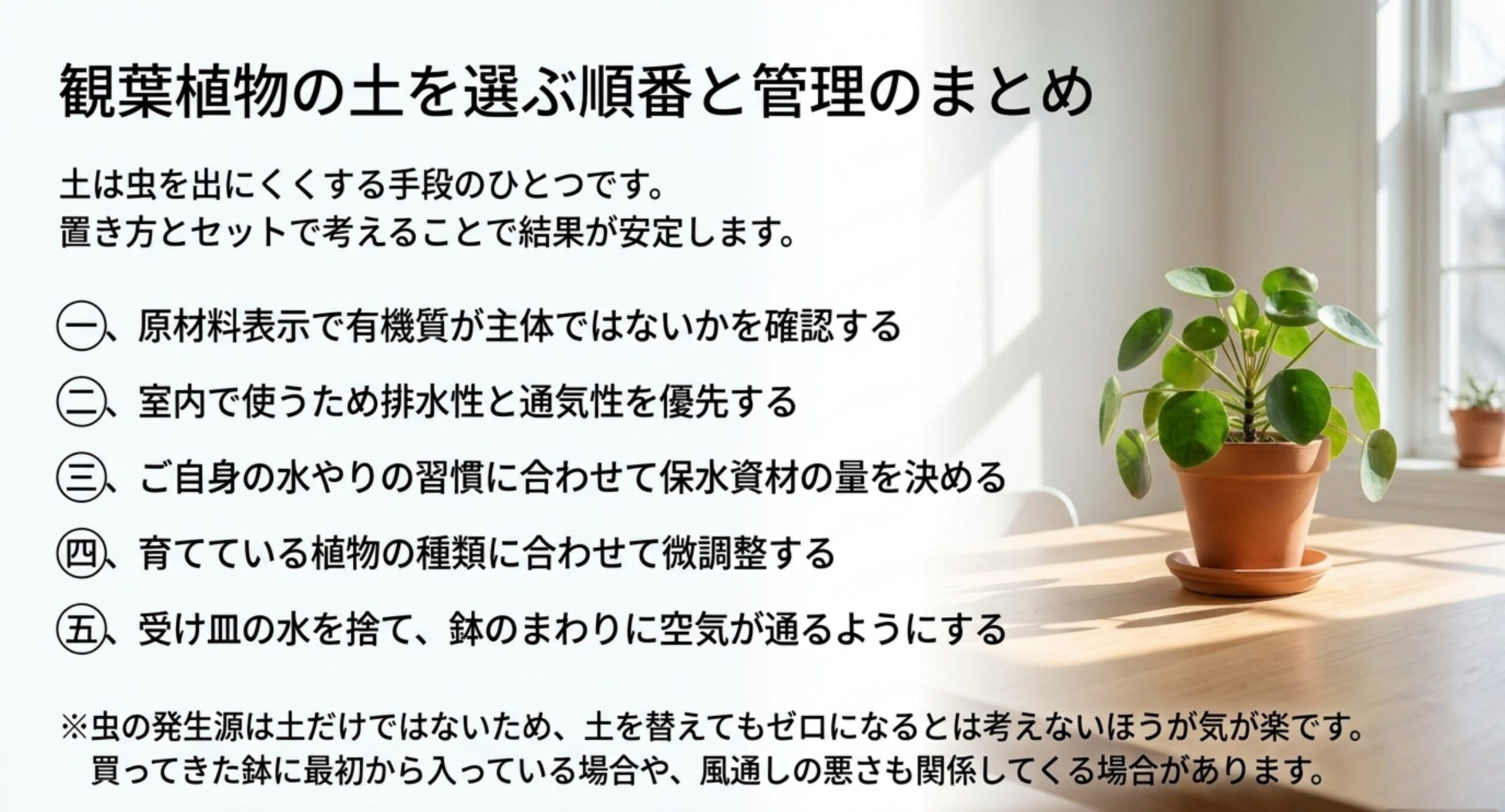 原材料表示の確認、排水性の優先、水やり習慣に合わせた保水資材の量、植物に合わせた微調整、受け皿の水の管理を並べたまとめのスライド