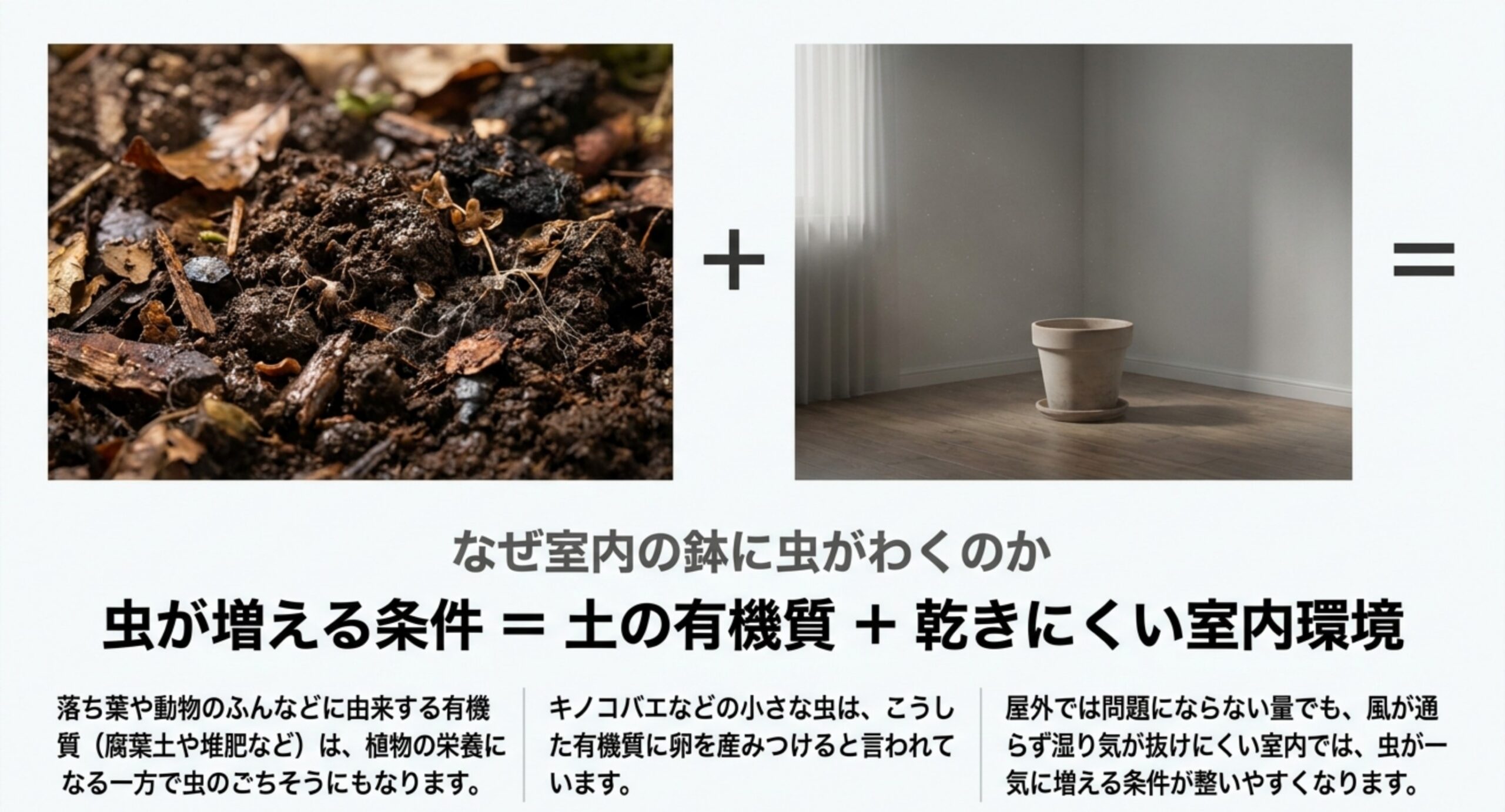 腐葉土などの有機質と風の通らない室内という2つの条件が重なると虫が増えやすいことを示したスライド