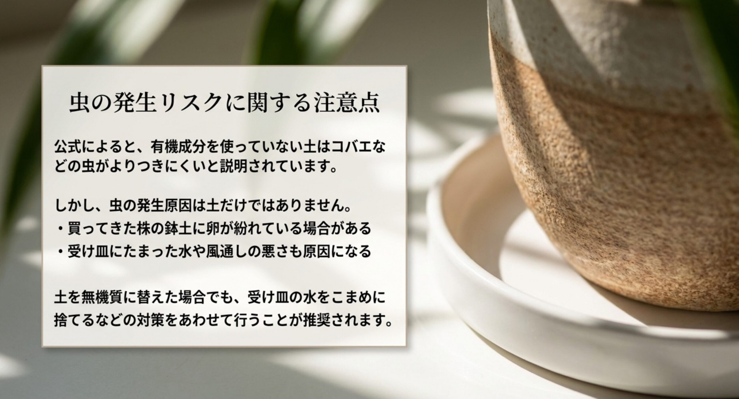 有機成分を使わない土は虫が寄りつきにくい一方、株の持ち込みや受け皿の水も原因になることを示したスライド