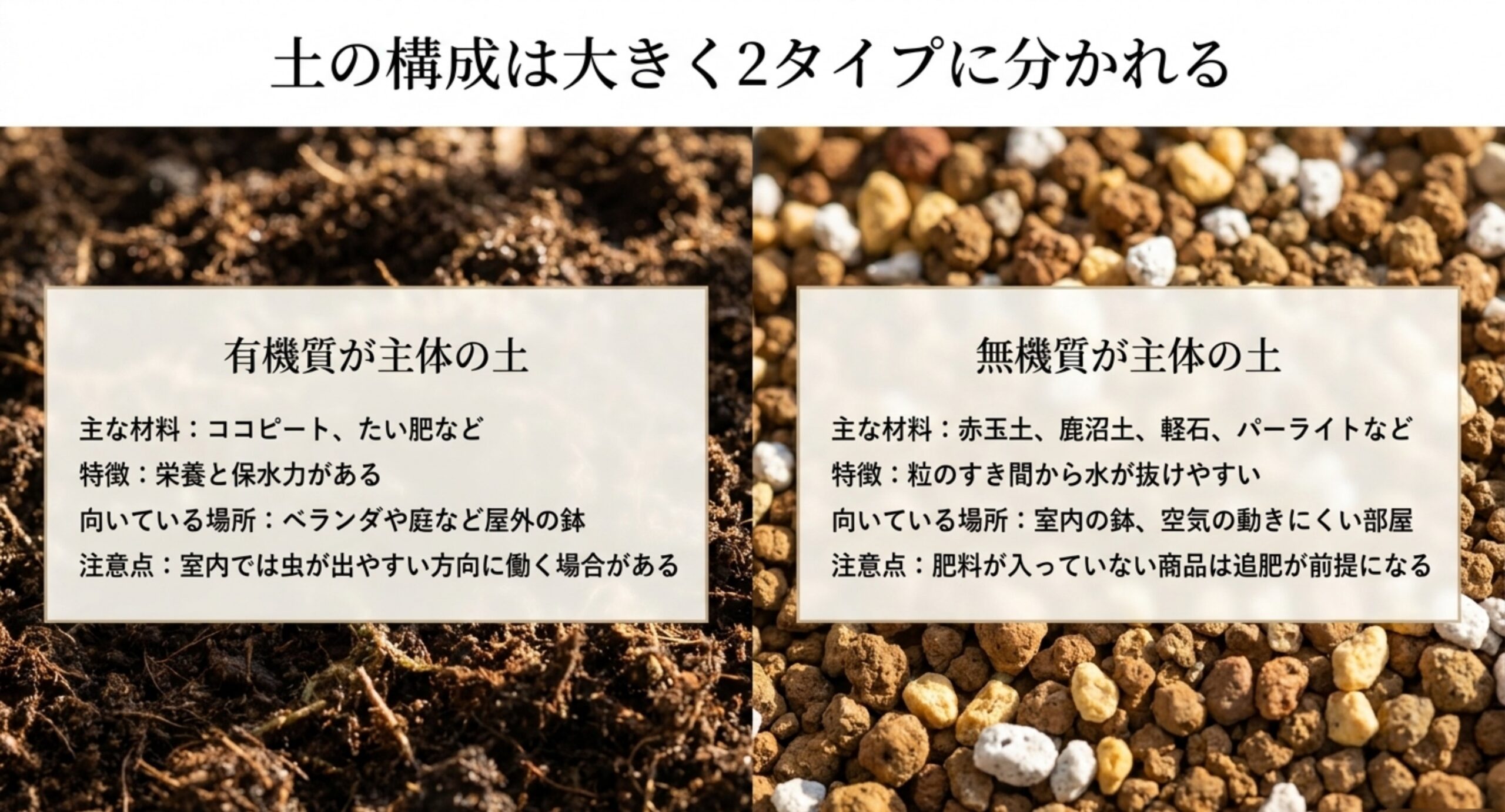ココピートやたい肥が主体の土と、赤玉土や鹿沼土が主体の土を左右に並べて特徴と向いている場所を比べたスライド