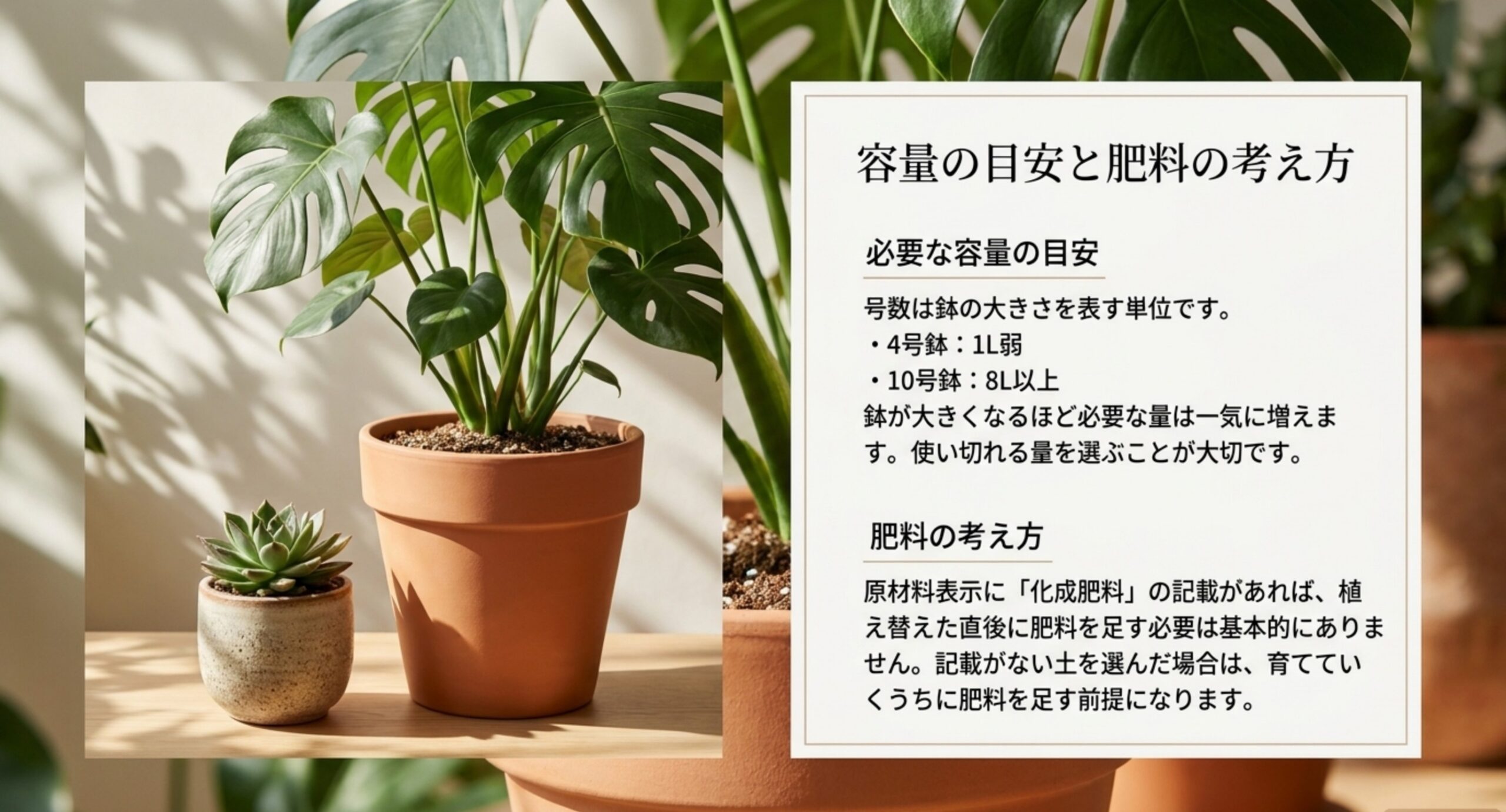 4号鉢と10号鉢で必要な土の量が変わることと、化成肥料の記載があるかで追肥の要否が変わることを示したスライド