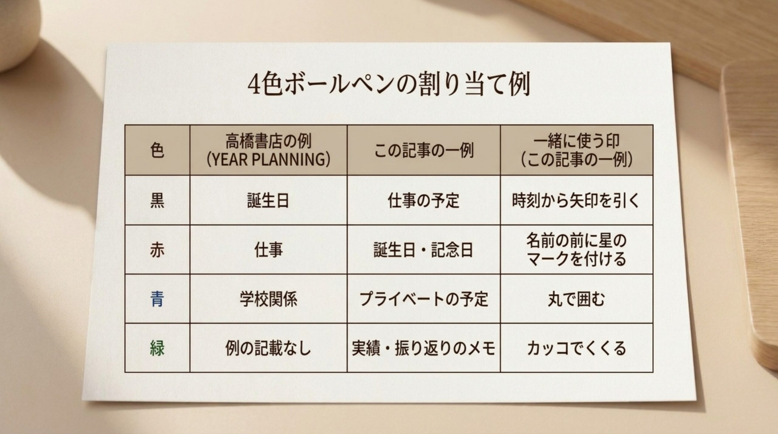 黒・赤・青・緑の4色について、高橋書店の例とこの記事の一例、一緒に使う印を並べた表のスライド