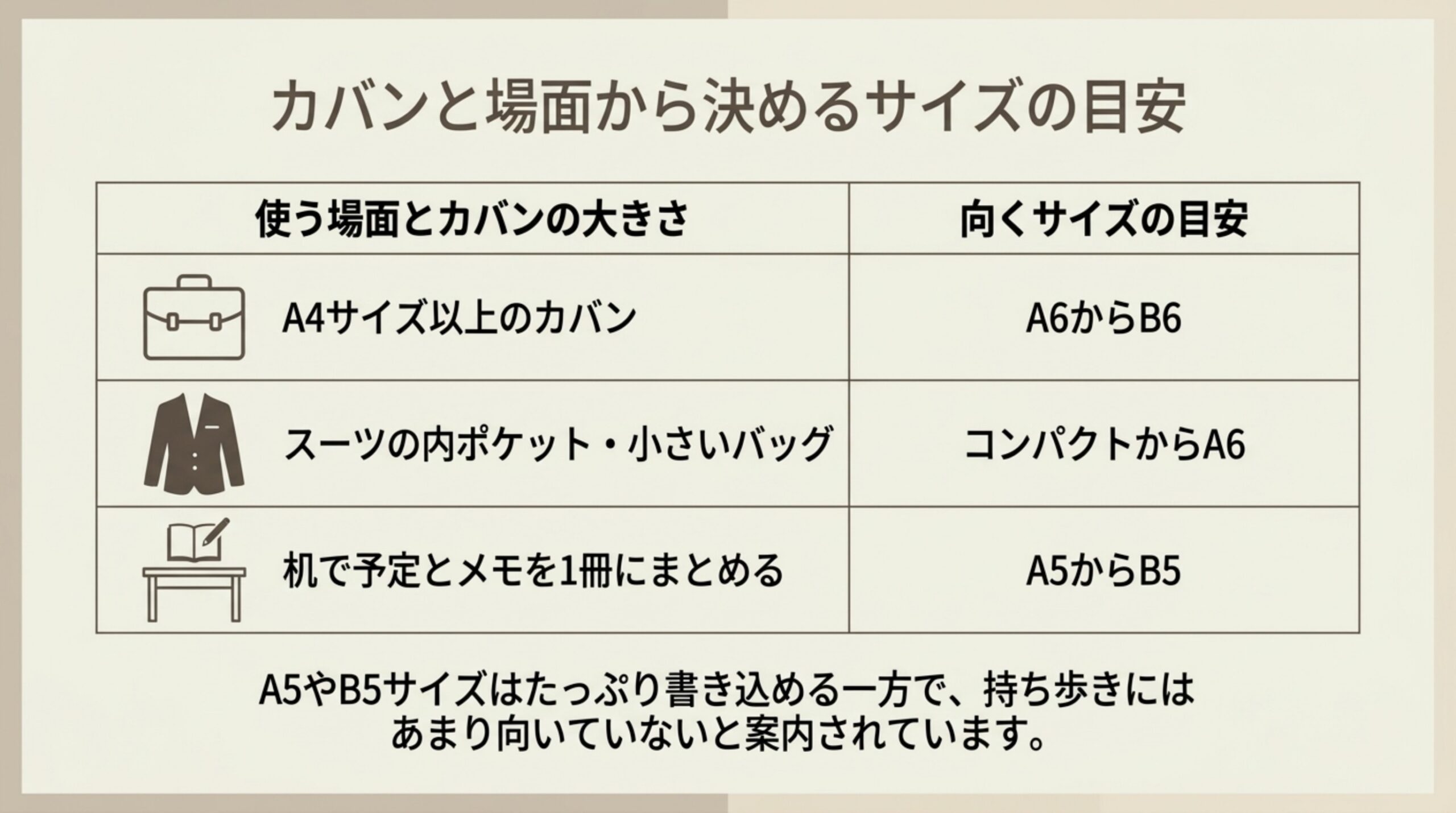 A4サイズ以上のカバンならA6からB6、スーツの内ポケットならコンパクトからA6など、使う場面ごとの手帳のサイズの目安を表にしたスライド