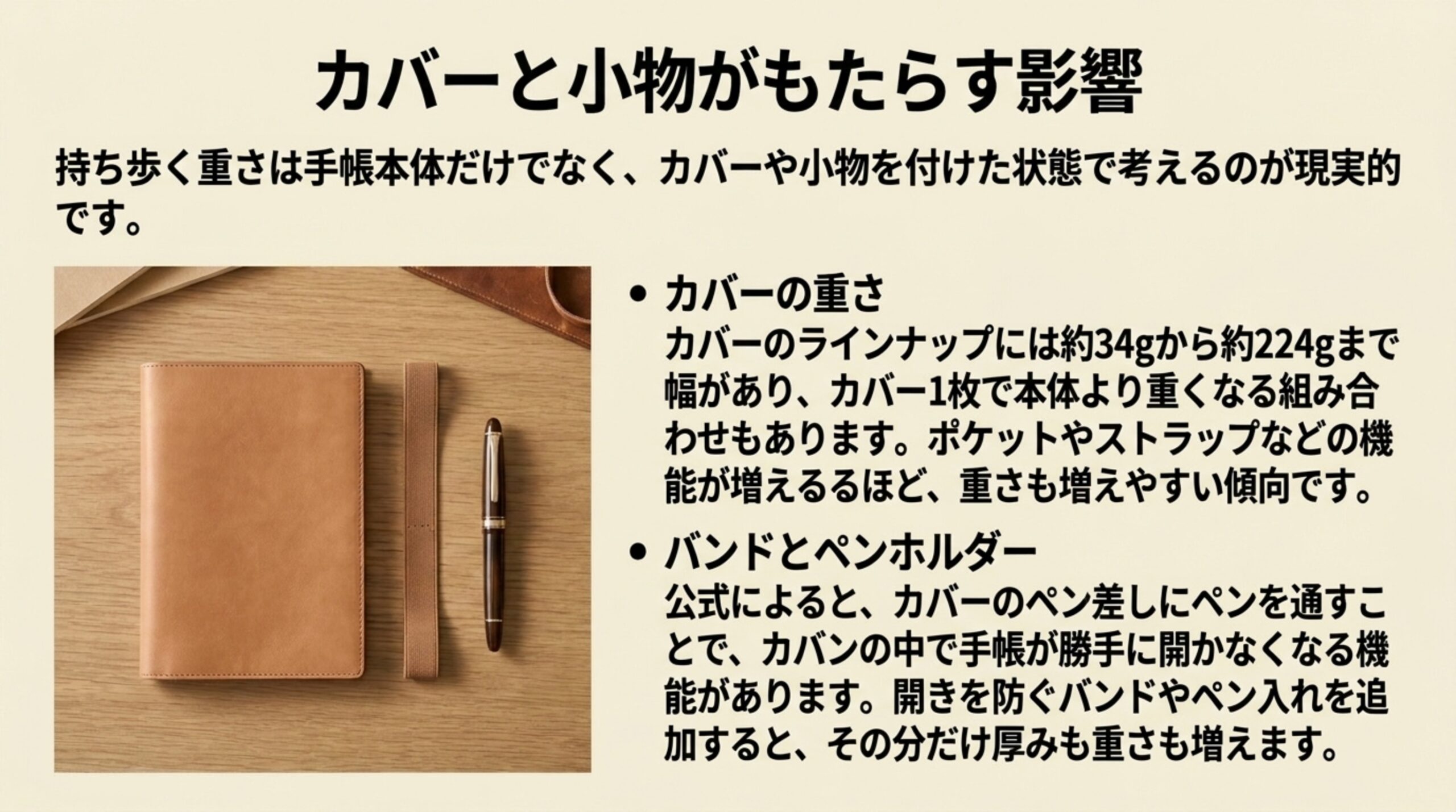手帳カバーの重さに約34gから約224gまで幅があることと、ペン差しやバンドで手帳が開くのを防ぐ仕組みを説明したスライド
