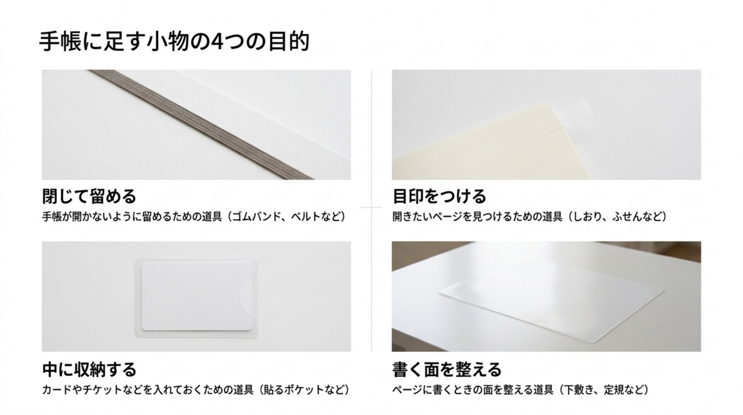 閉じて留める、目印をつける、中に収納する、書く面を整えるの4つの目的と道具の例を並べたスライド