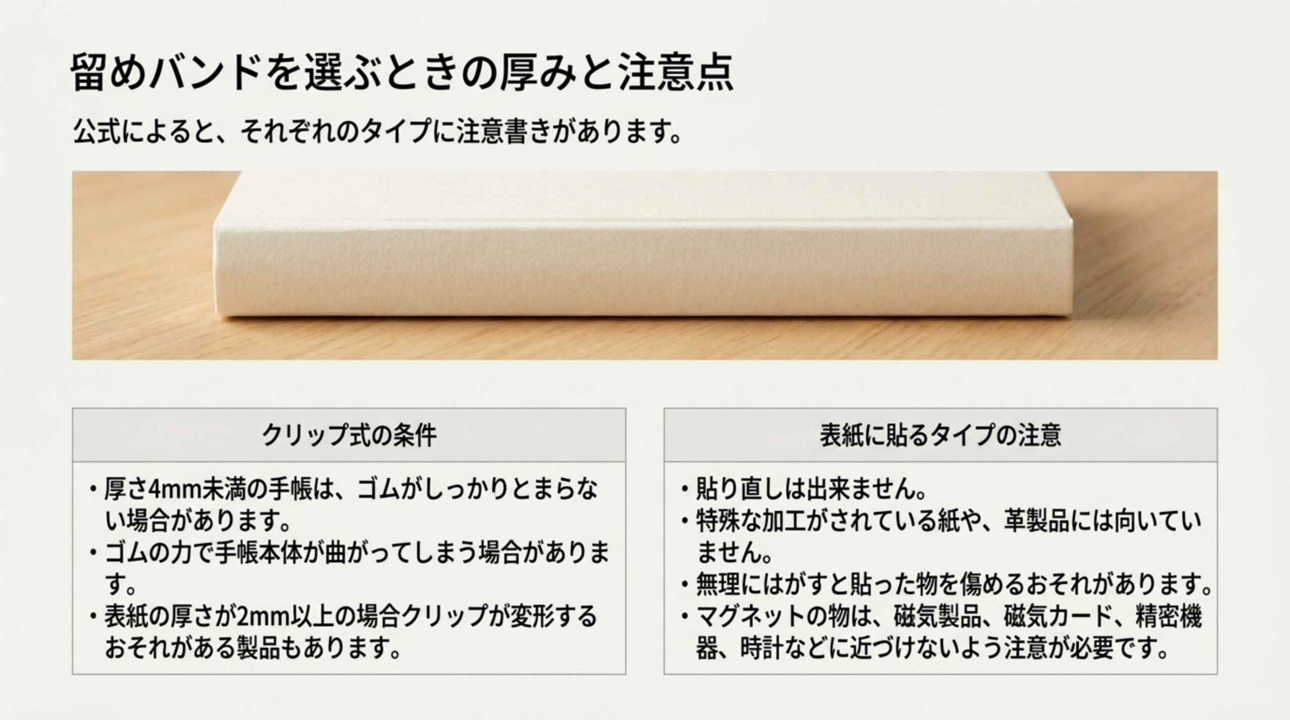 クリップ式の厚さ4mm未満や表紙2mm以上の条件と、表紙に貼るタイプの貼り直し不可・革製品に不向き・磁気への注意をまとめたスライド