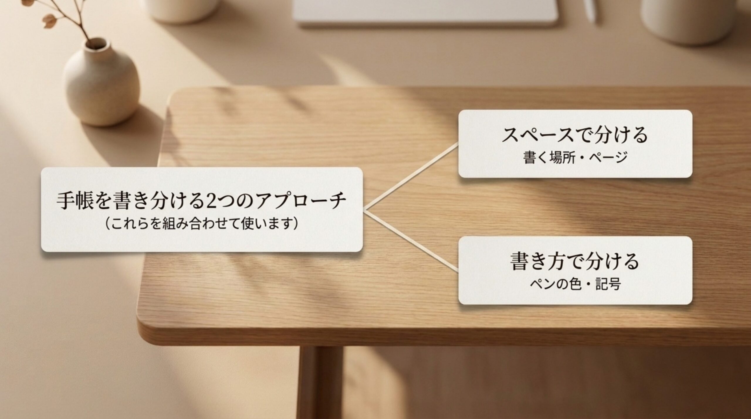 手帳の書き分け方を、書く場所やページで分ける方法と、ペンの色や記号で分ける方法の2つに整理した図のスライド