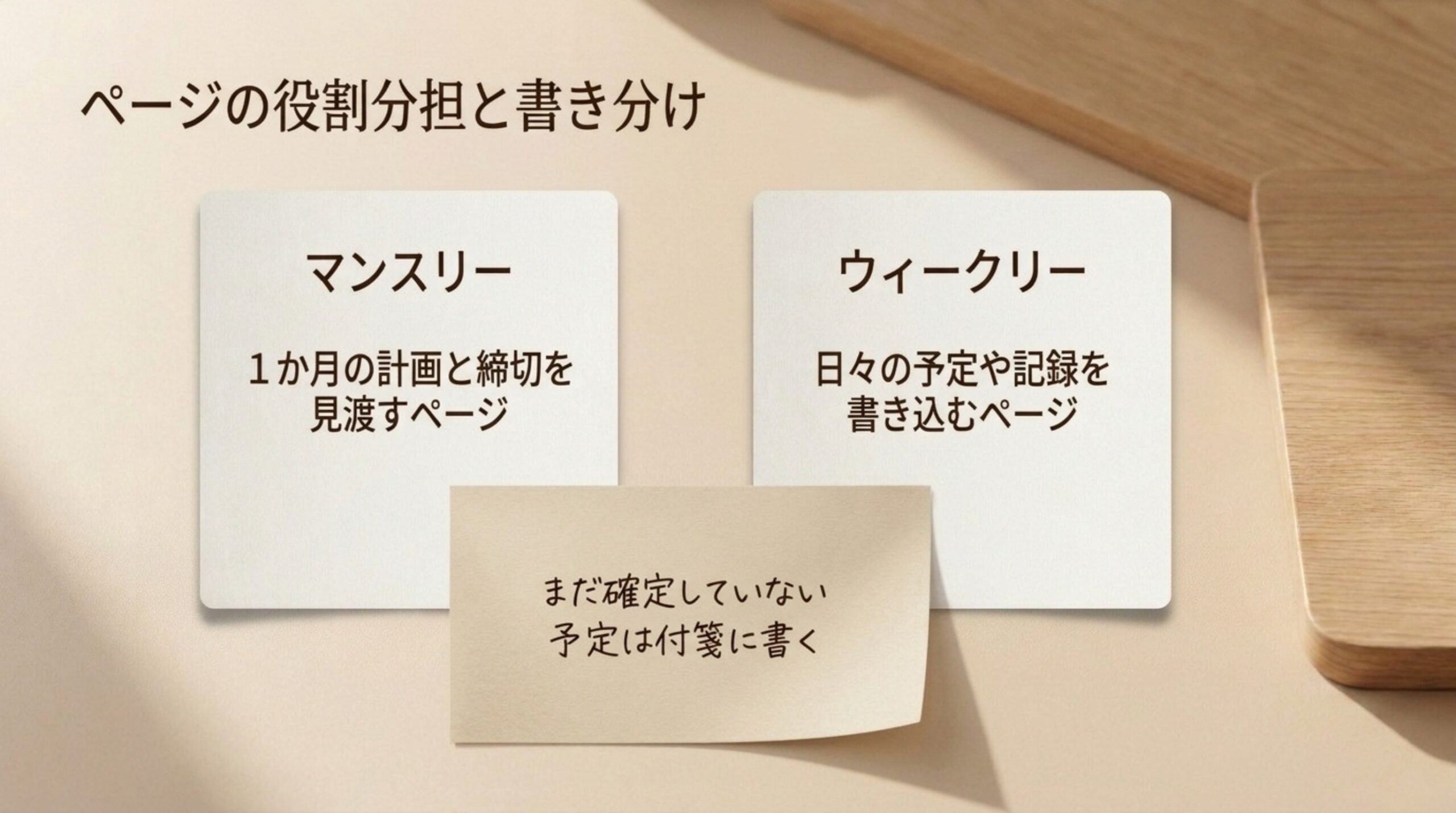 マンスリーは1か月の計画と締切を見渡すページ、ウィークリーは日々の予定や記録を書き込むページとし、未確定の予定は付箋に書くことを示したスライド