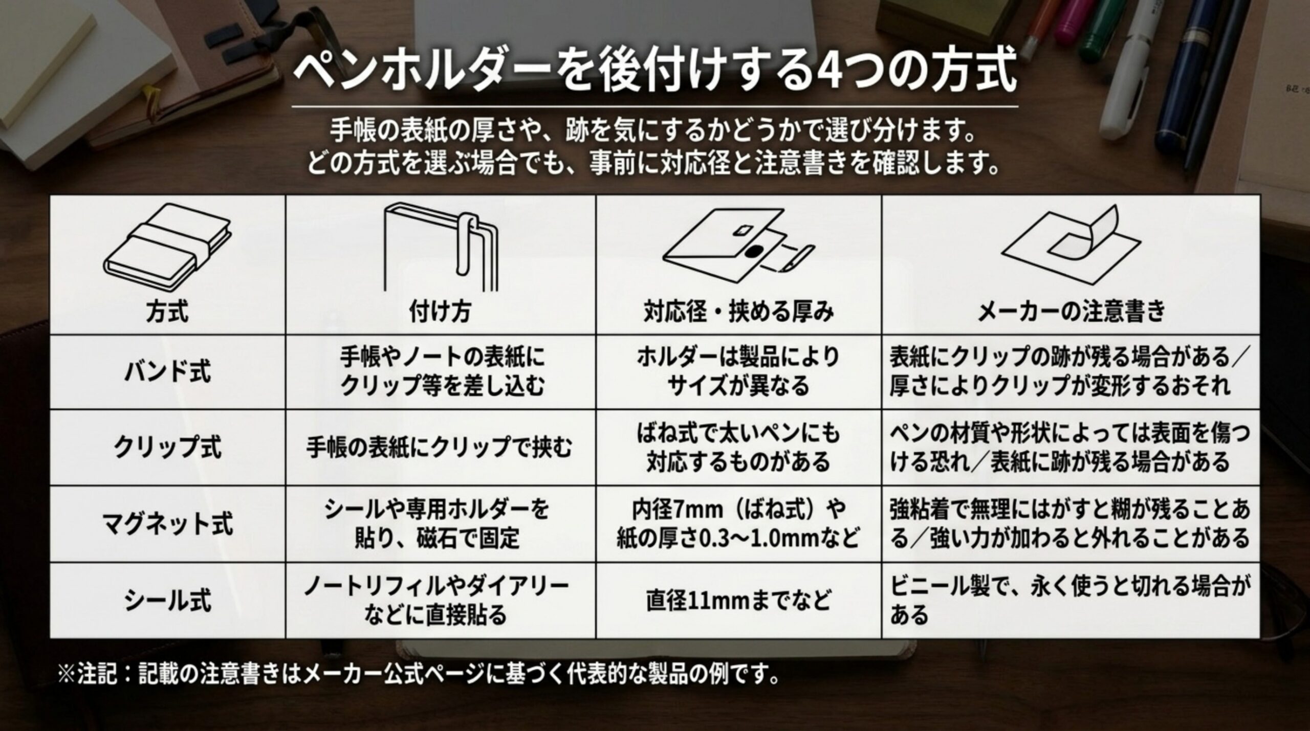 バンド式・クリップ式・マグネット式・シール式の付け方、対応径や挟める厚み、メーカーの注意書きを並べた表のスライド