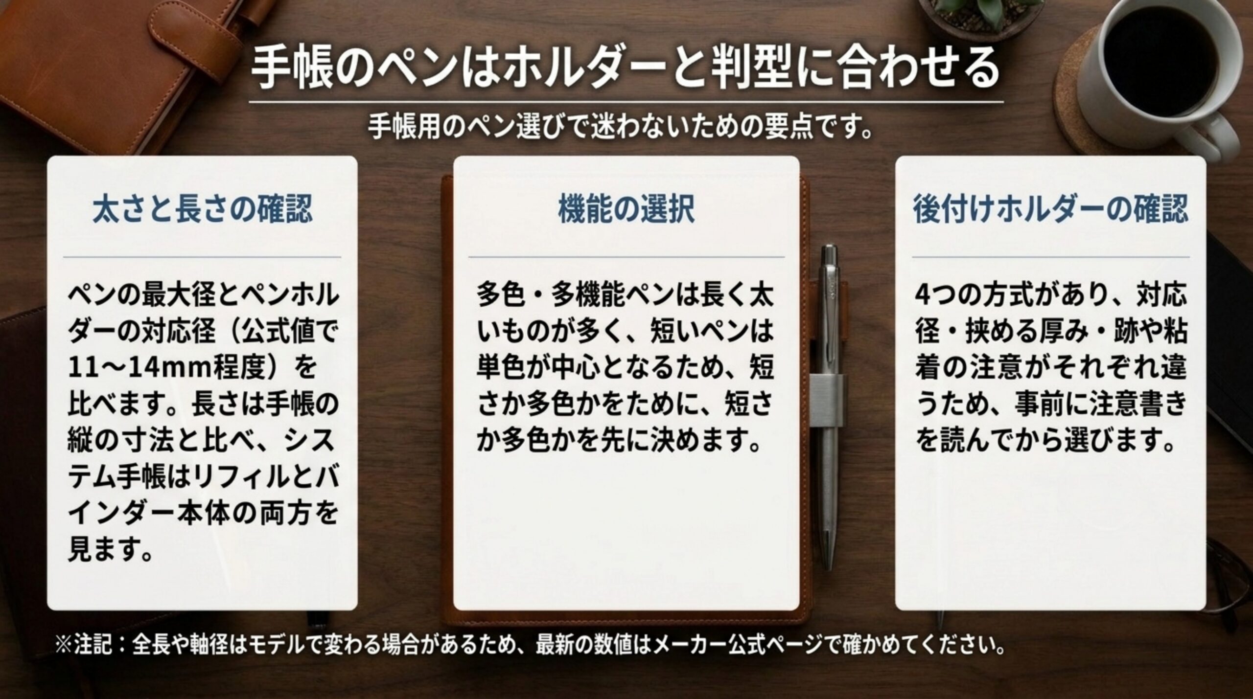 ペンの最大径とホルダーの対応径、長さと判型、短さか多色か、後付けホルダーの注意書きの確認をまとめたスライド