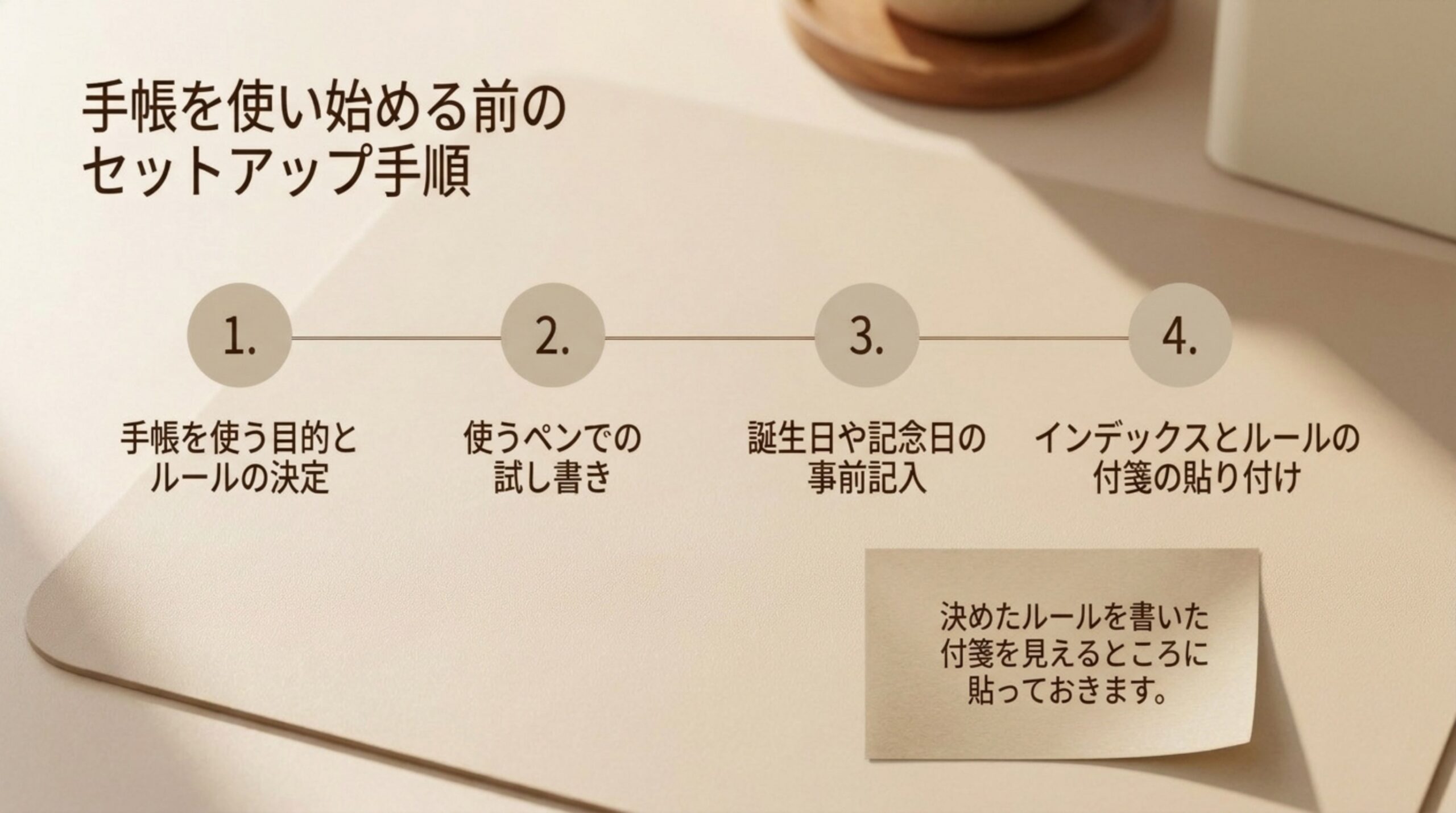 目的とルールの決定、ペンの試し書き、誕生日や記念日の事前記入、インデックスとルールの付箋の貼り付けの4つの手順を並べたスライド