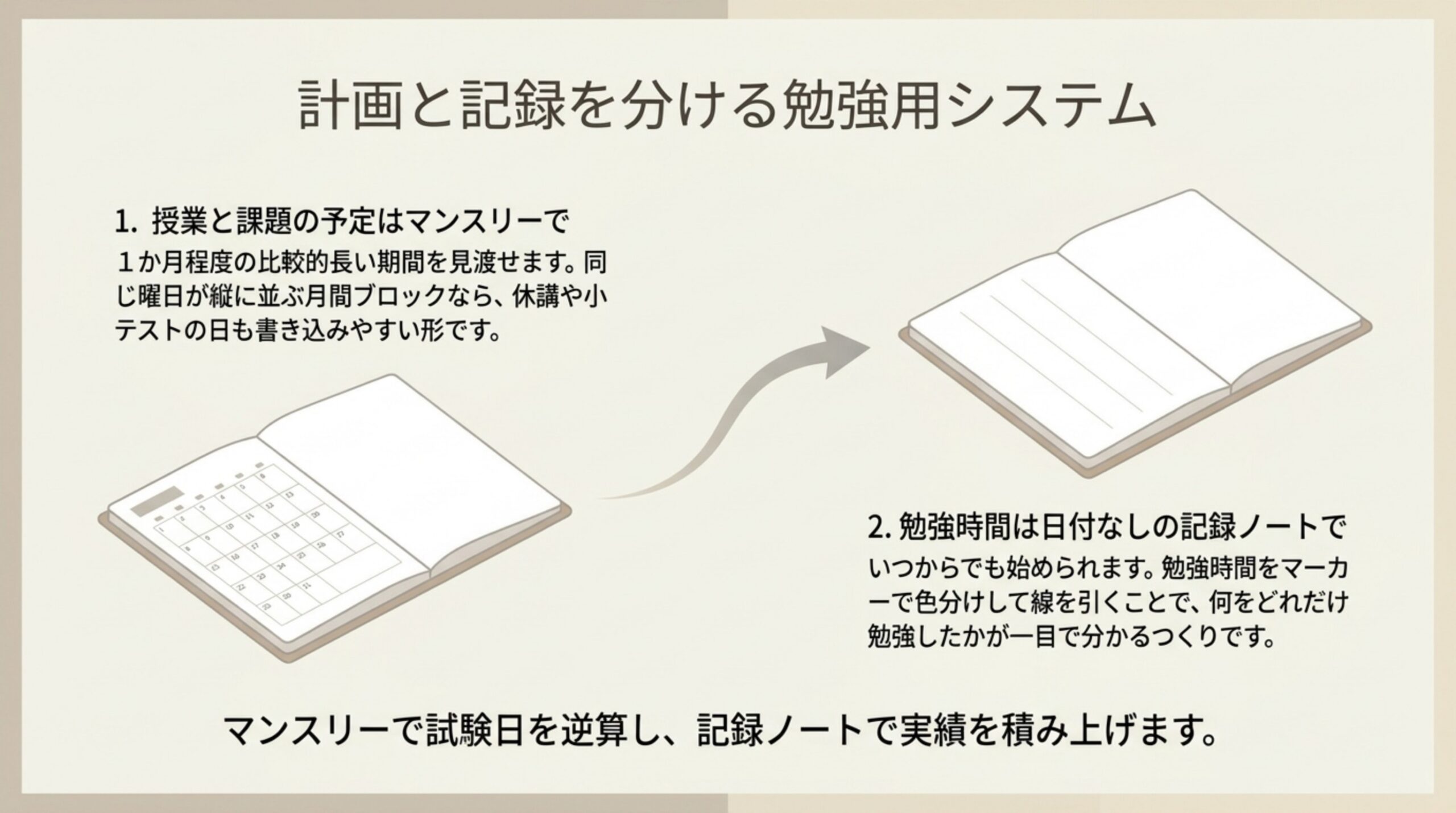 授業と課題の予定はマンスリーで見渡し、勉強時間は日付なしの記録ノートにマーカーで線を引いて積み上げる使い方を示したスライド